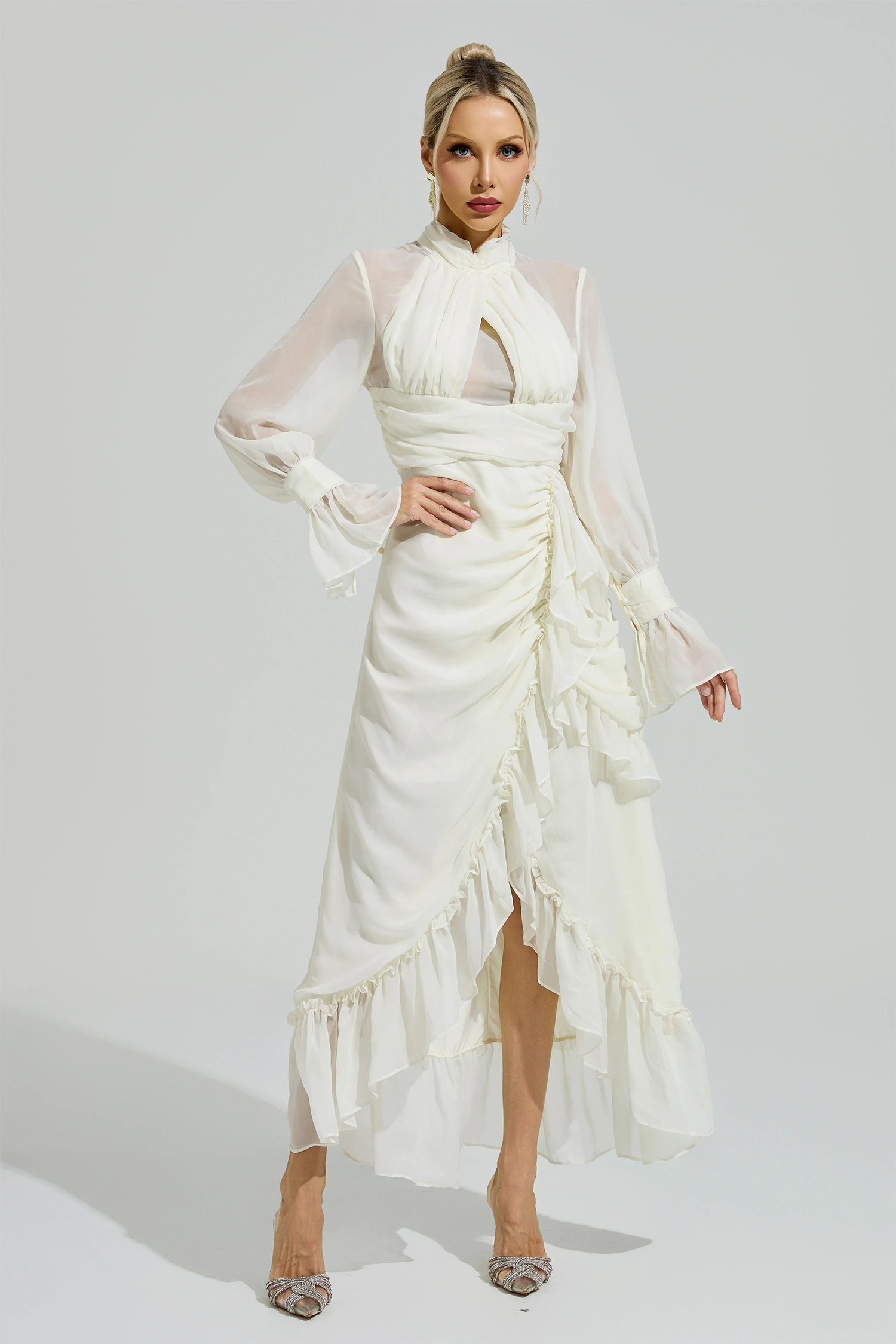 Kristeva Apricot Ruffle Slit Maxi Dress
