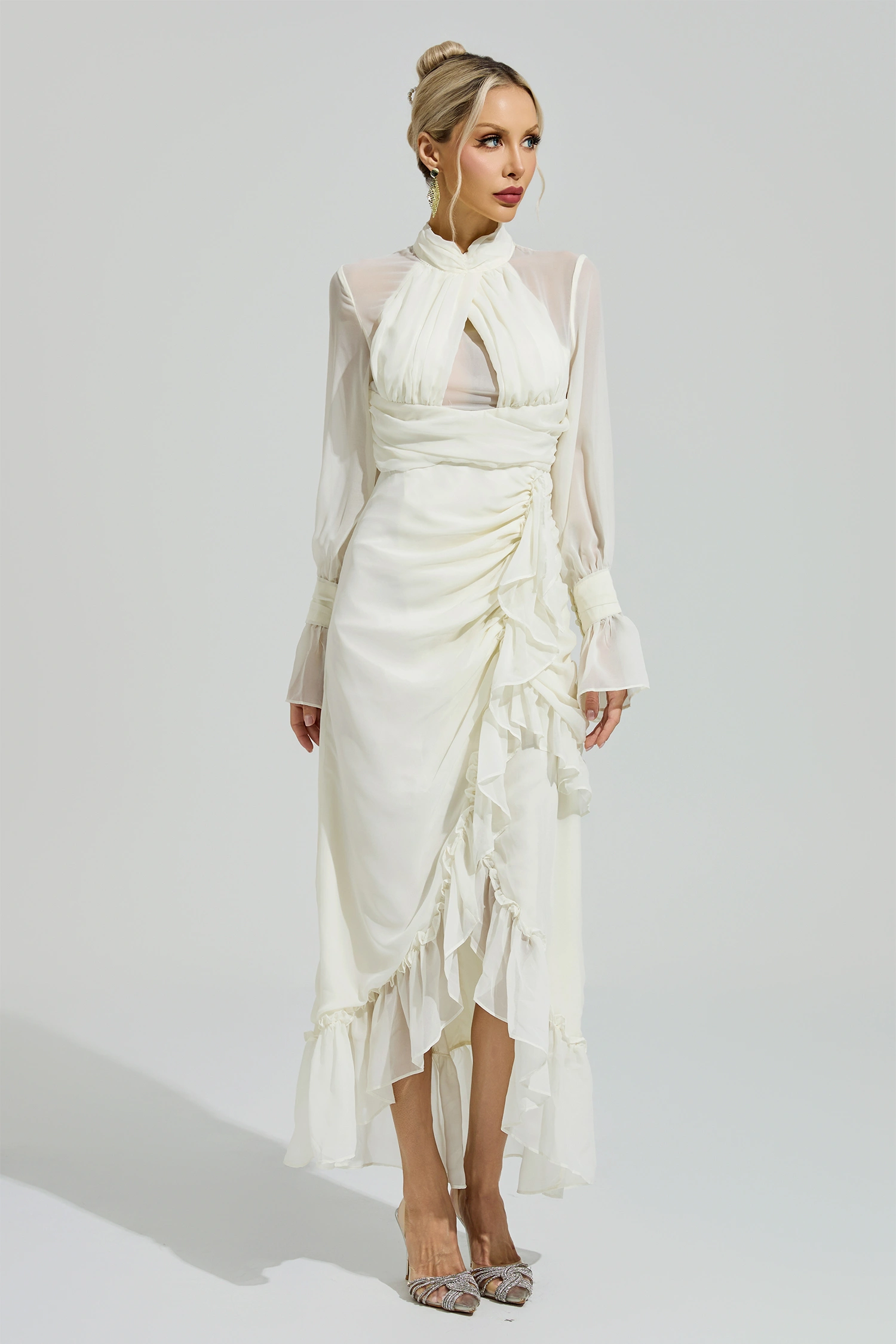 Kristeva Apricot Ruffle Slit Maxi Dress