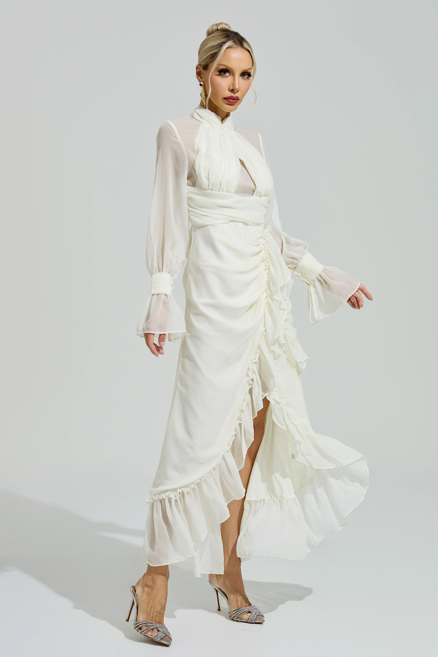 Kristeva Apricot Ruffle Slit Maxi Dress
