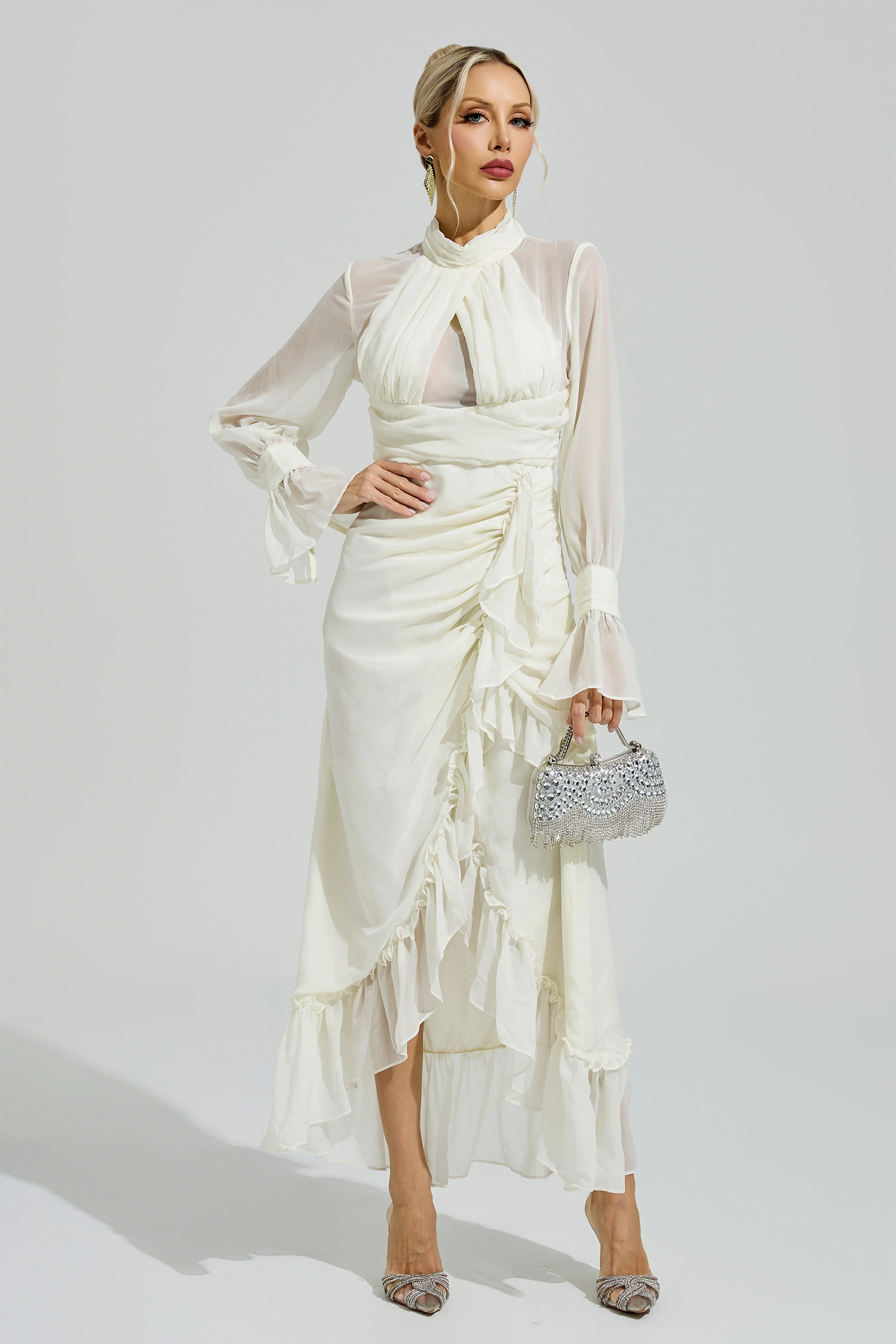 Kristeva Apricot Ruffle Slit Maxi Dress