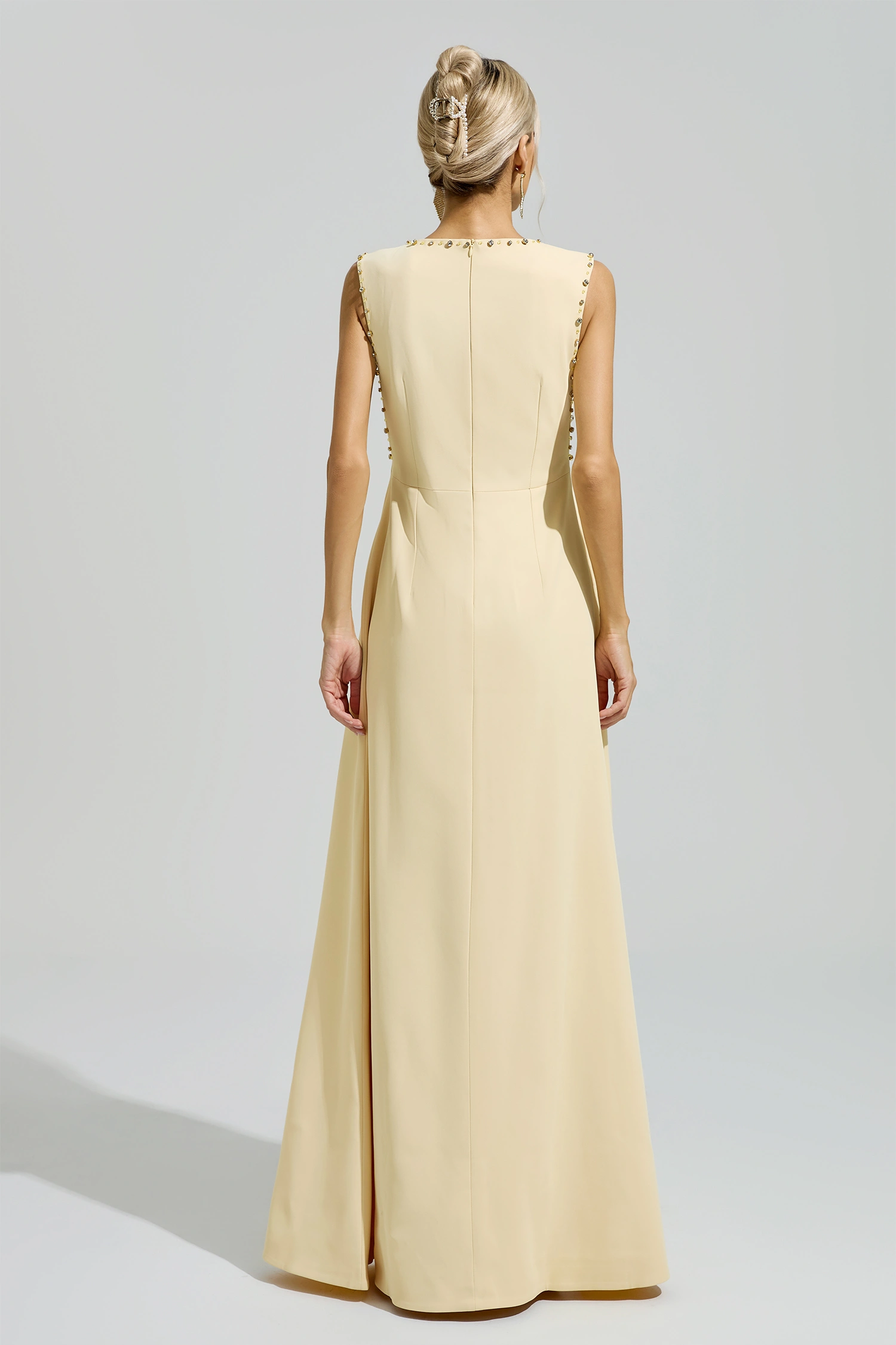 Bacon Yellow Sleeveless Rhinestone Maxi Dress