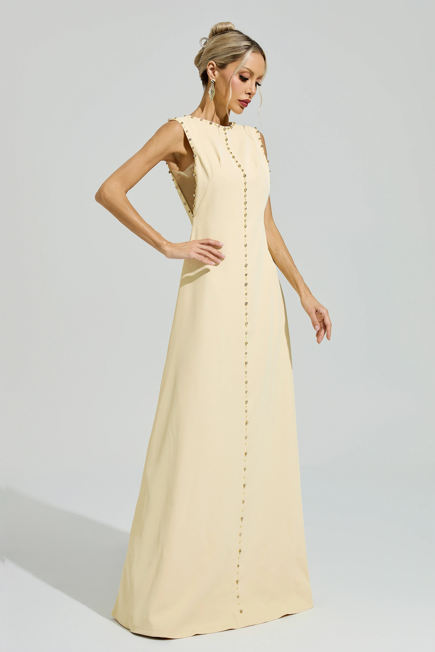 Bacon Yellow Sleeveless Rhinestone Maxi Dress