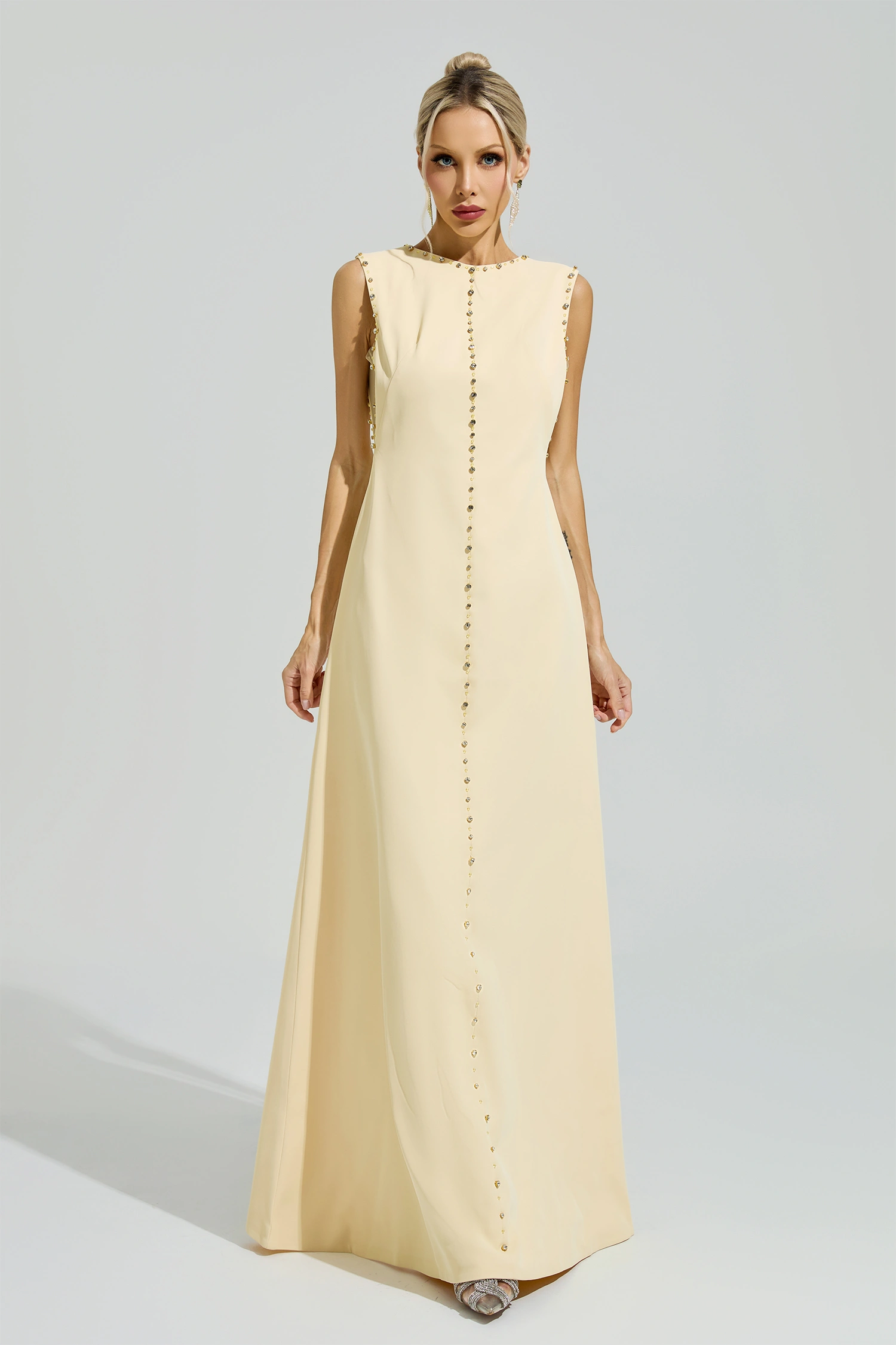 Bacon Yellow Sleeveless Rhinestone Maxi Dress