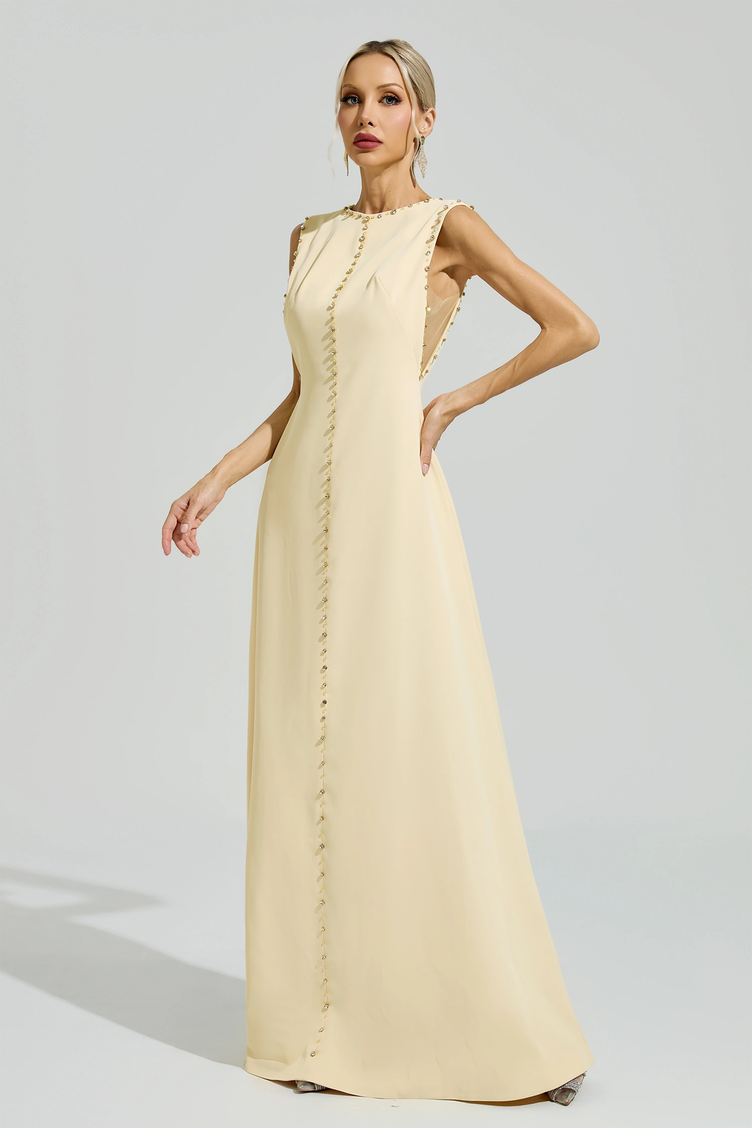 Bacon Yellow Sleeveless Rhinestone Maxi Dress