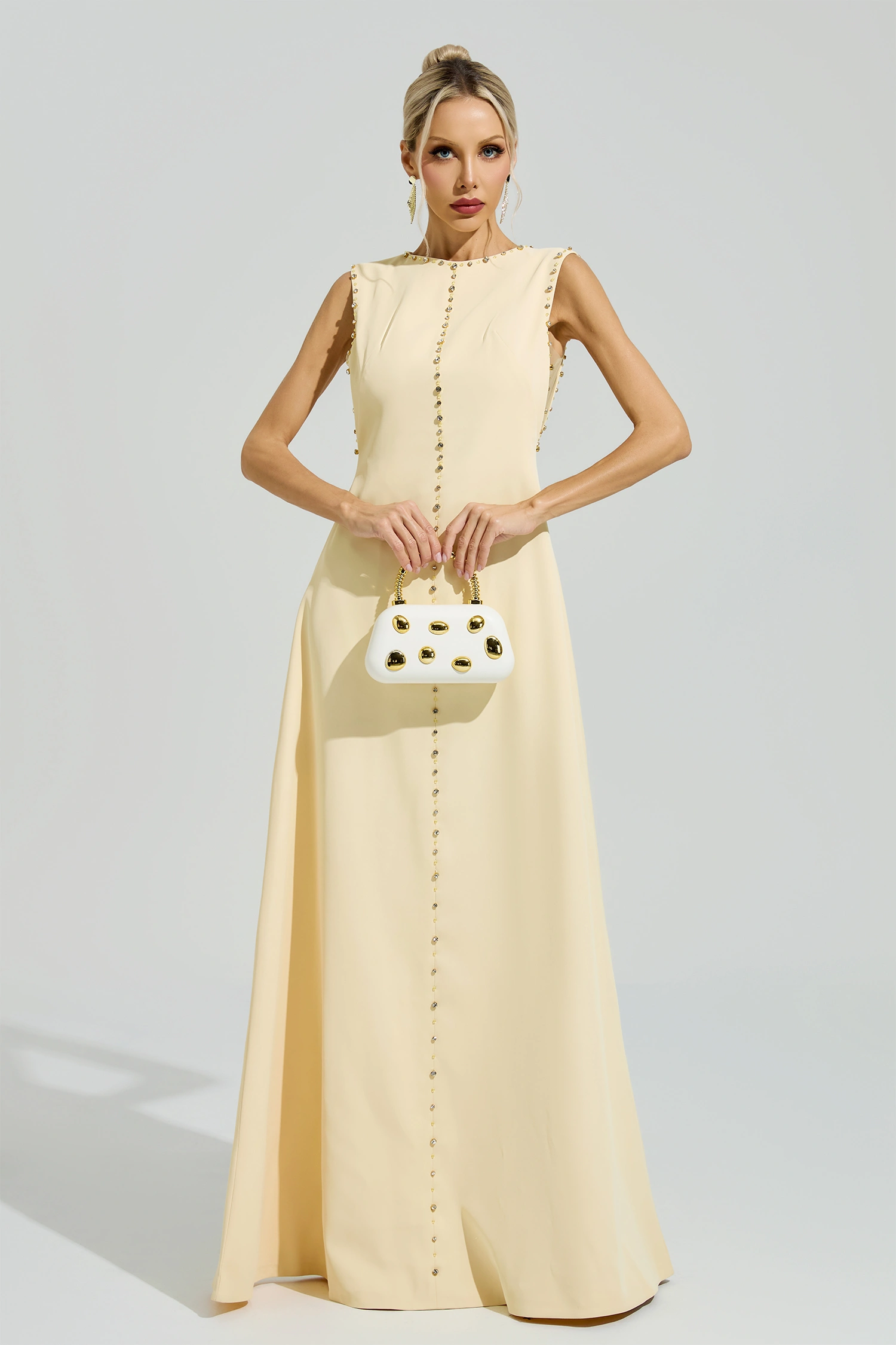 Bacon Yellow Sleeveless Rhinestone Maxi Dress