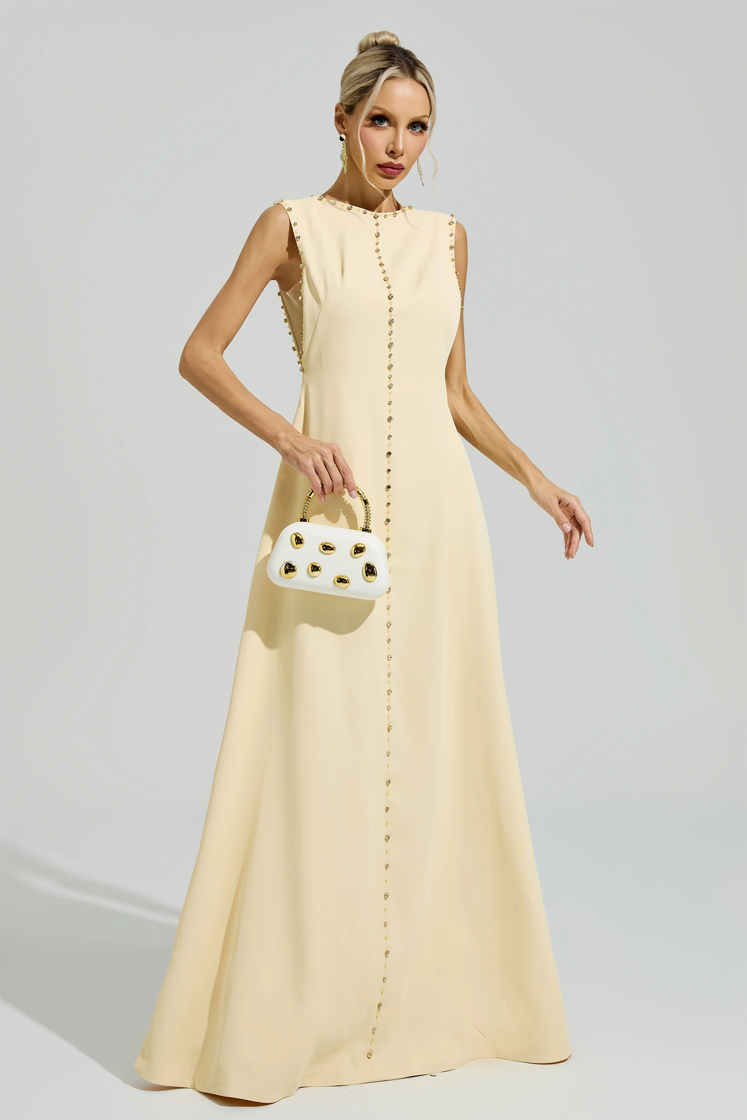 Bacon Yellow Sleeveless Rhinestone Maxi Dress