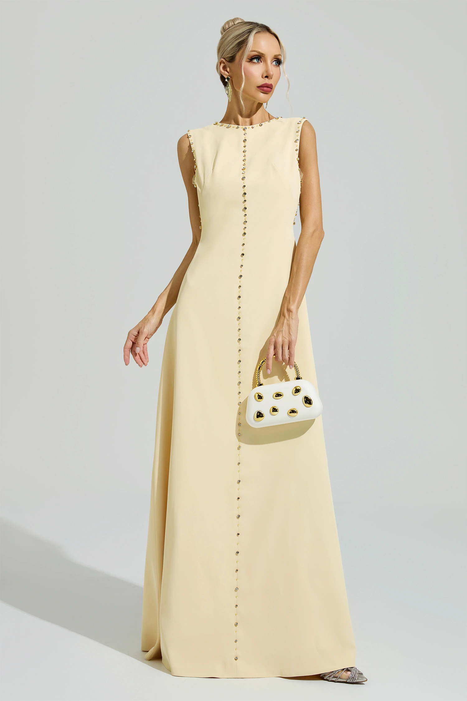 Bacon Yellow Sleeveless Rhinestone Maxi Dress