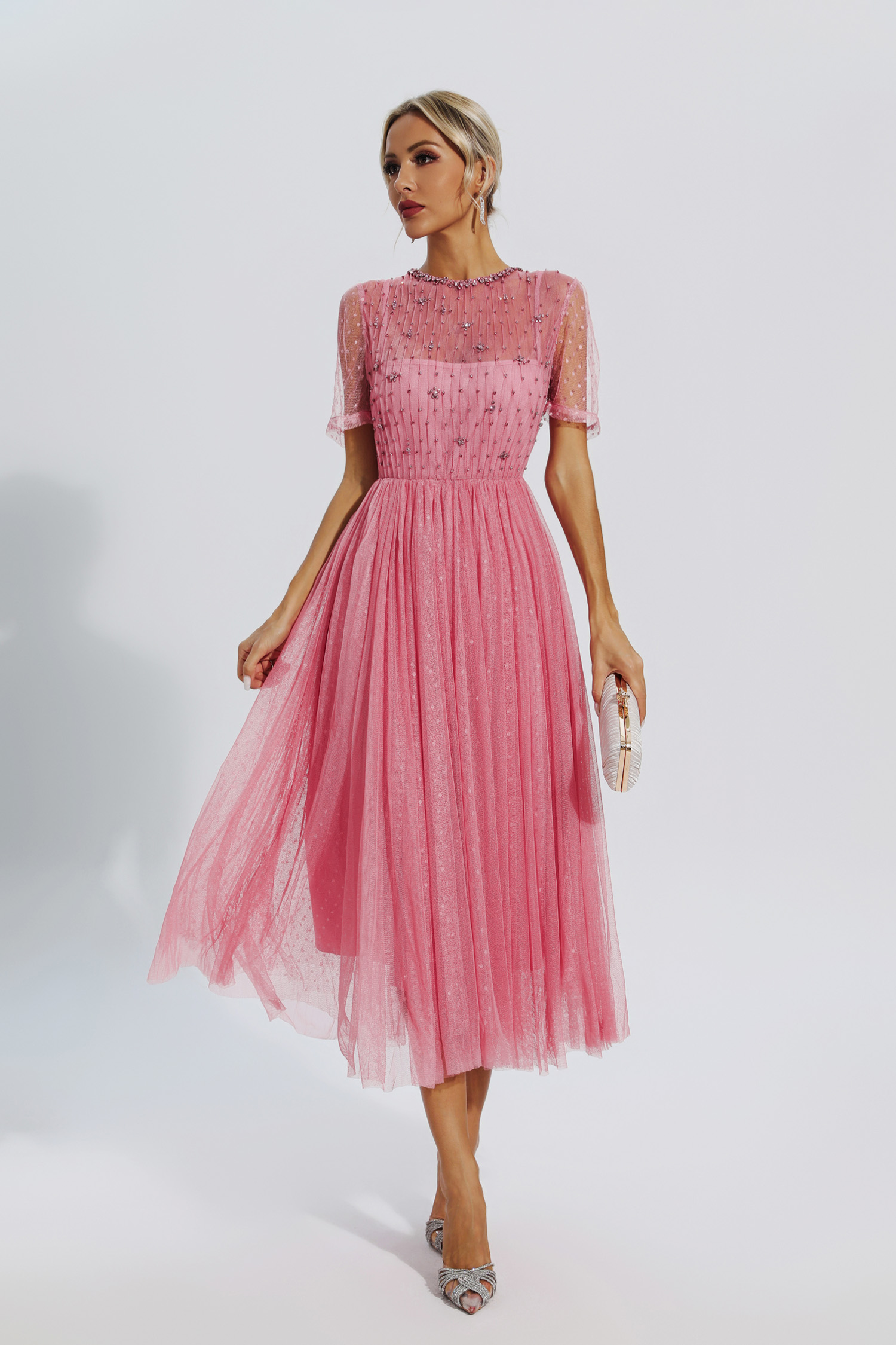 Clementine Pink Mesh Diamond Midi Dress