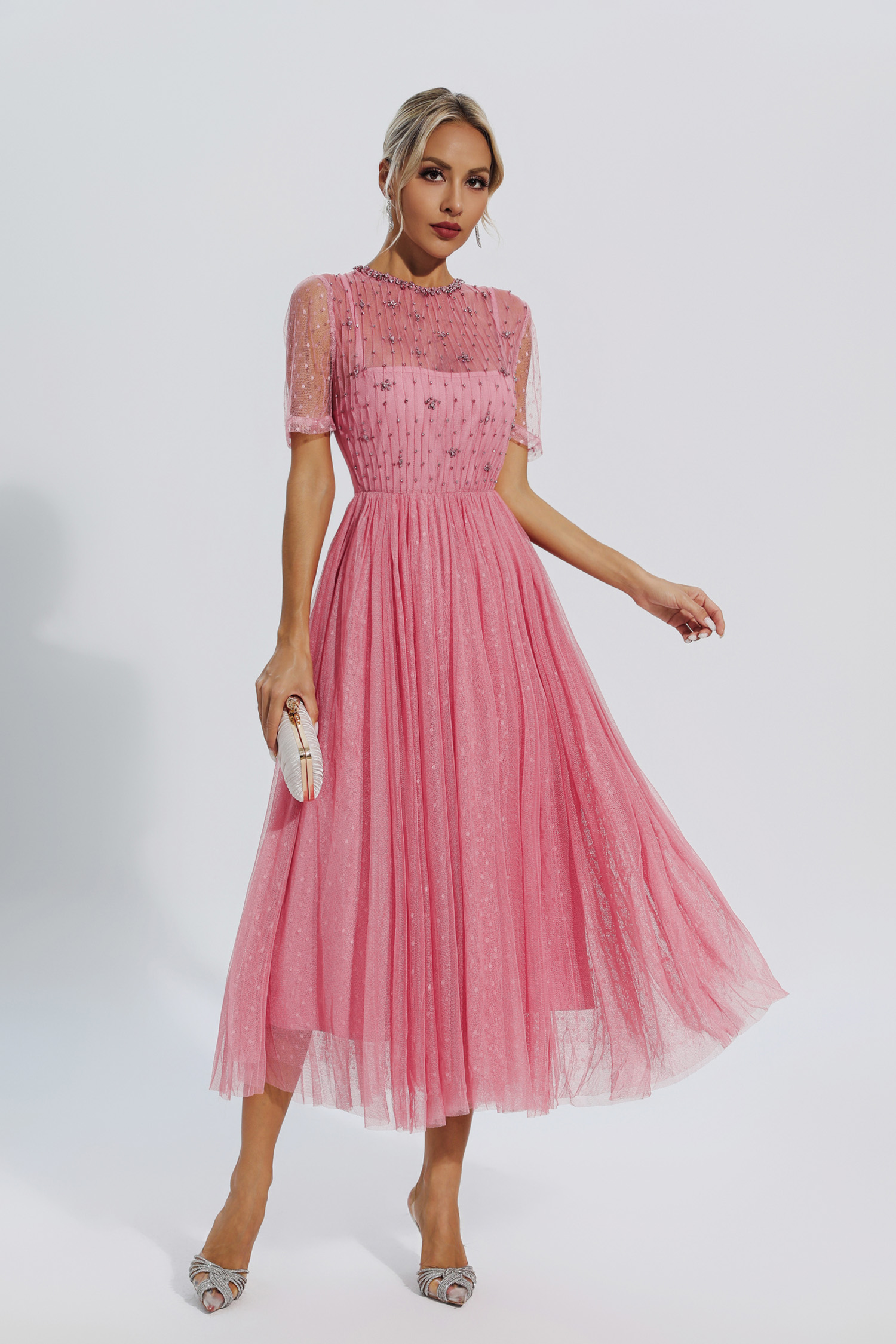Clementine Pink Mesh Diamond Midi Dress