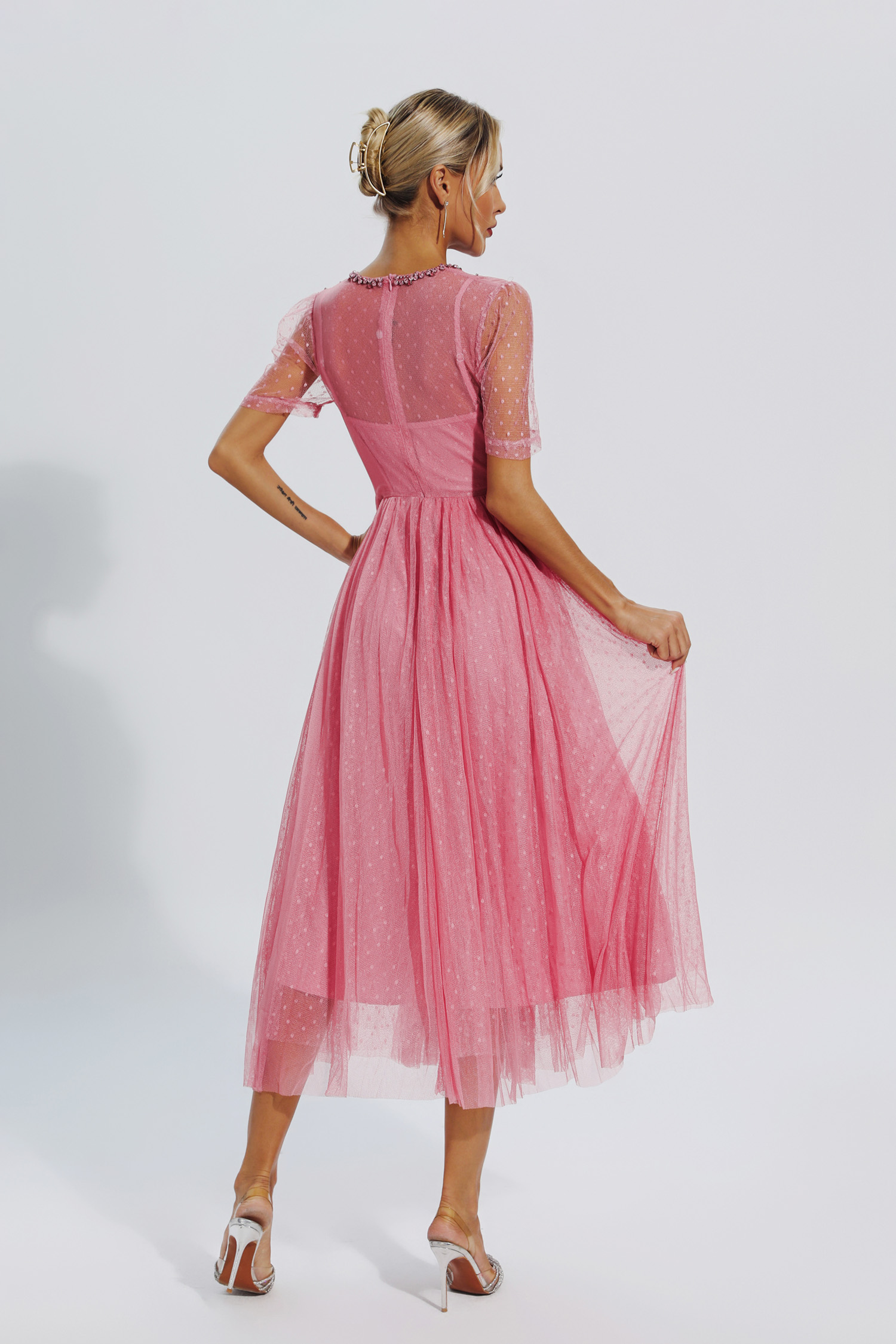 Clementine Pink Mesh Diamond Midi Dress