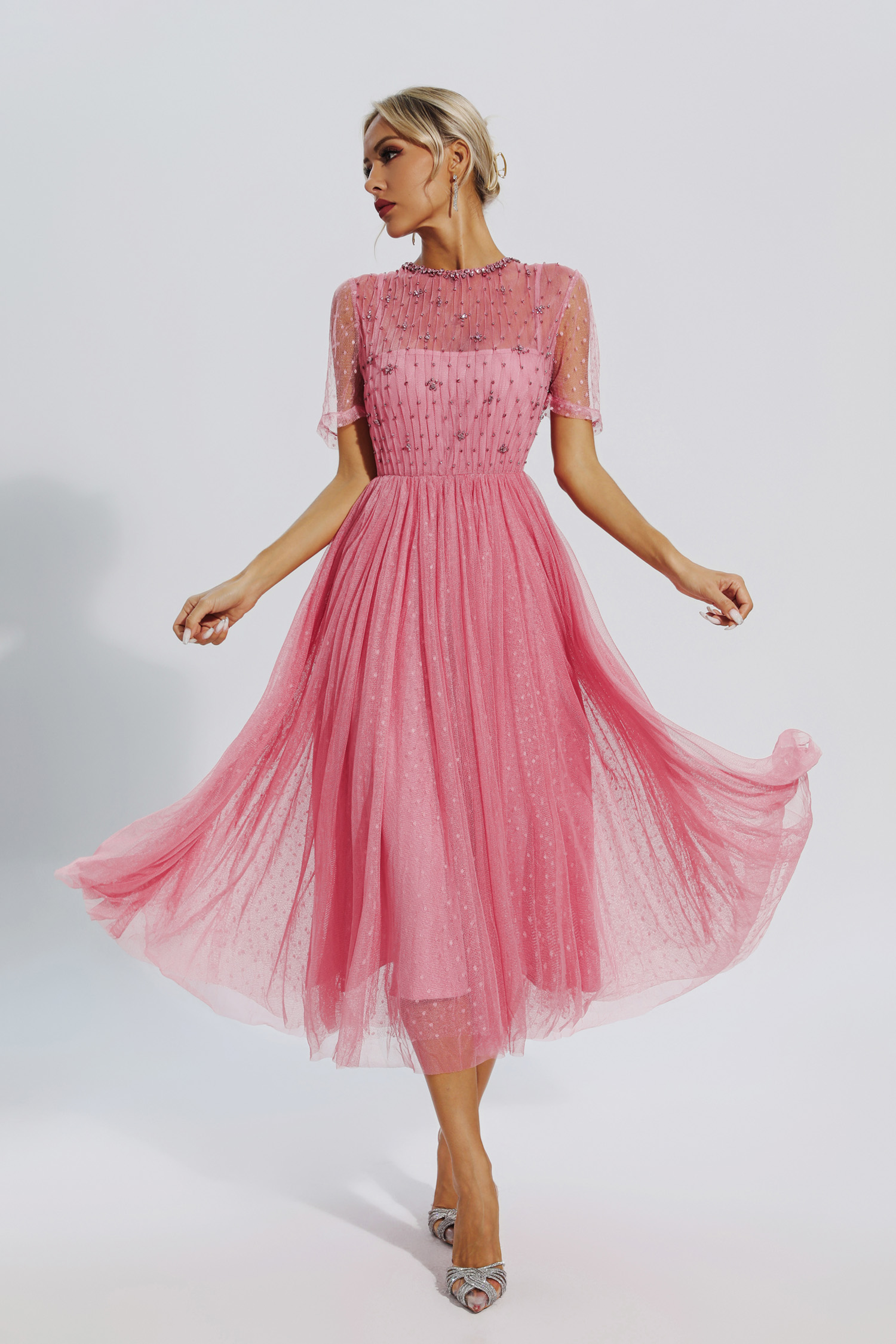 Clementine Pink Mesh Diamond Midi Dress