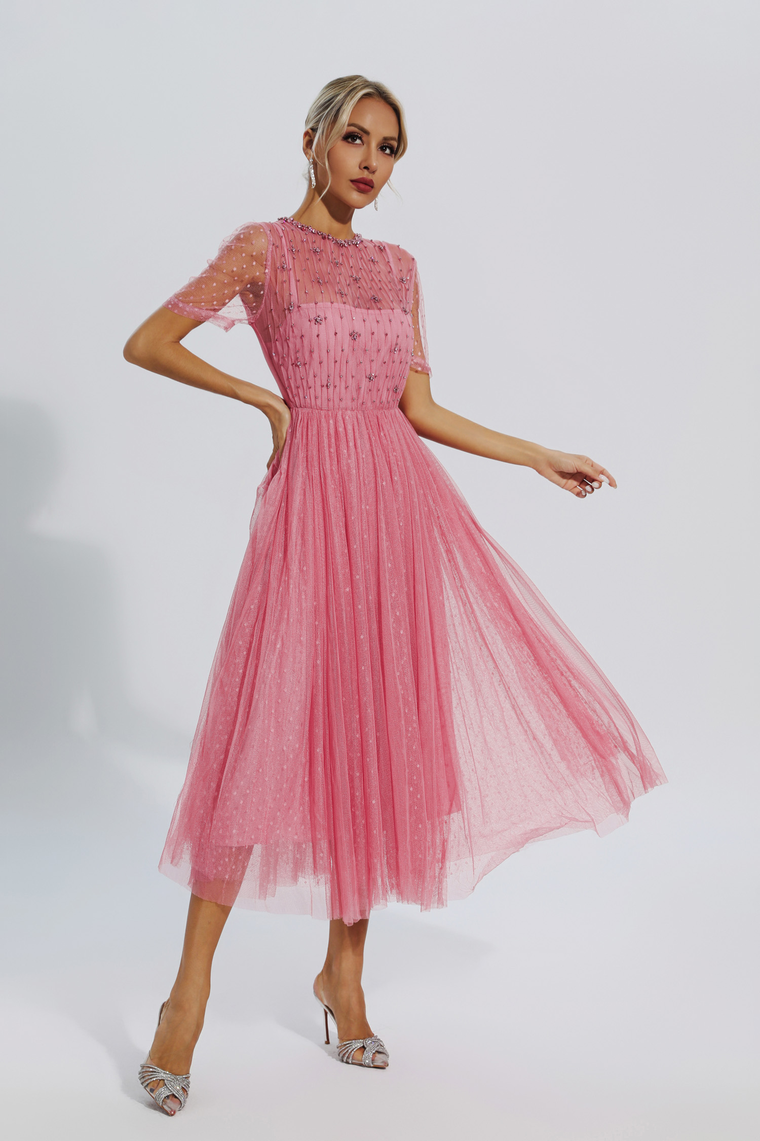 Clementine Pink Mesh Diamond Midi Dress