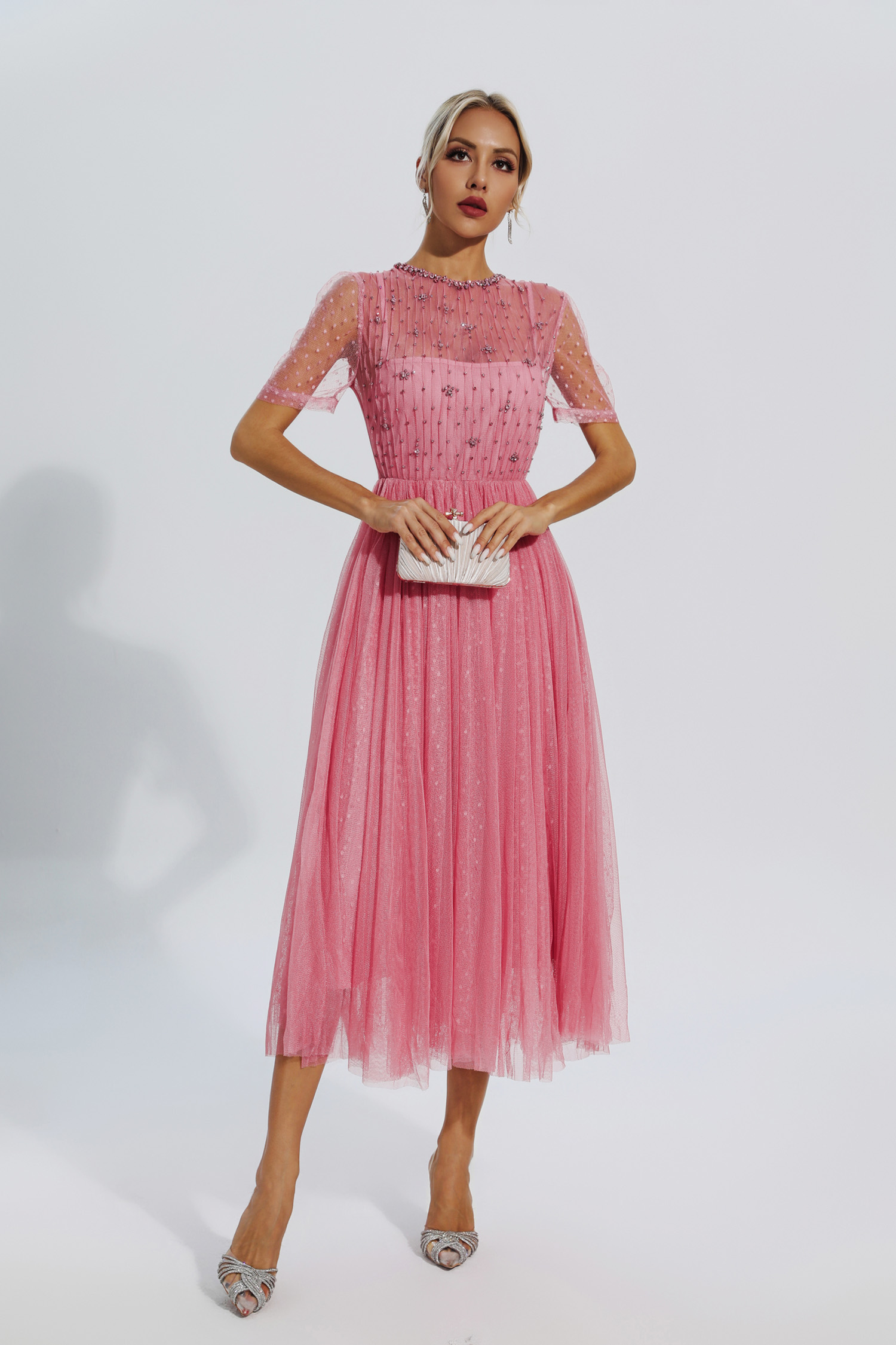 Clementine Pink Mesh Diamond Midi Dress