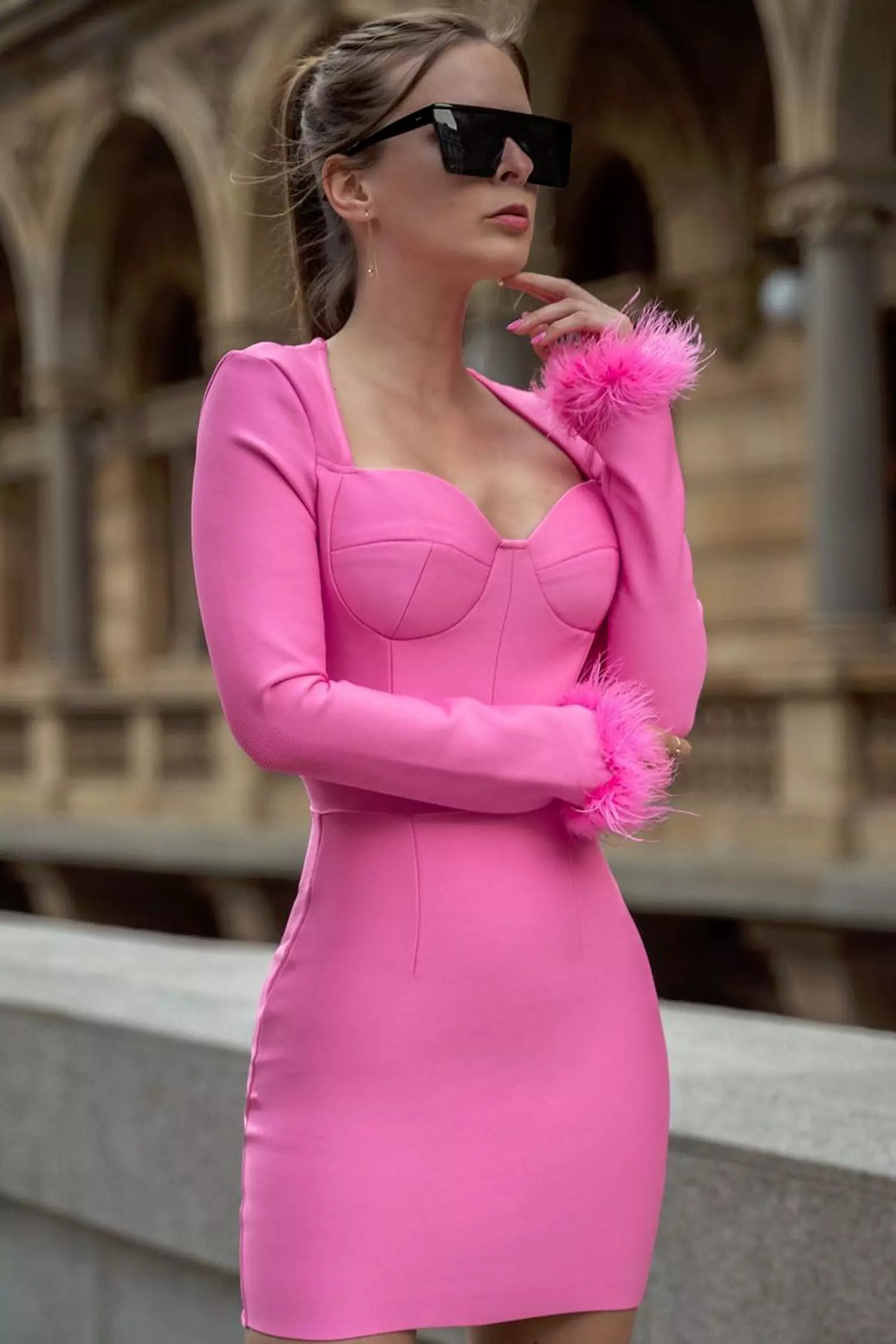 Aspen Feather Bodycon Mini Dress-Pink