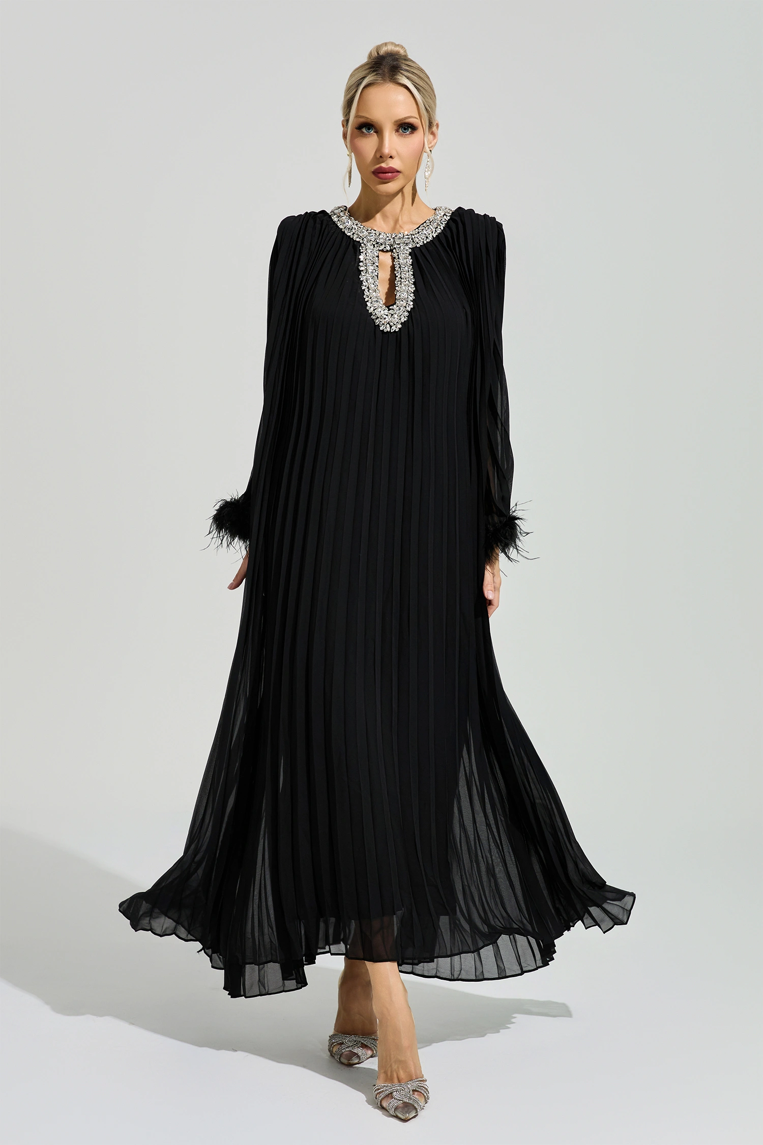 Jocasta Black Feather Maxi Dress
