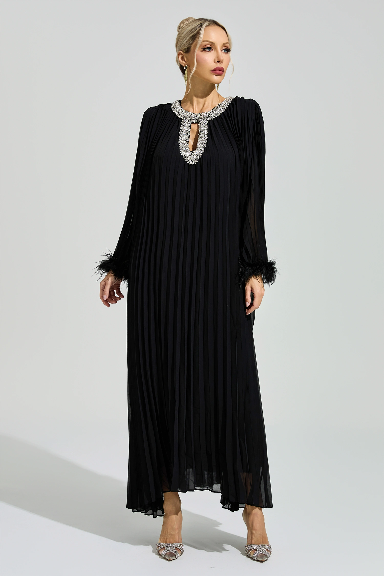Jocasta Black Feather Maxi Dress