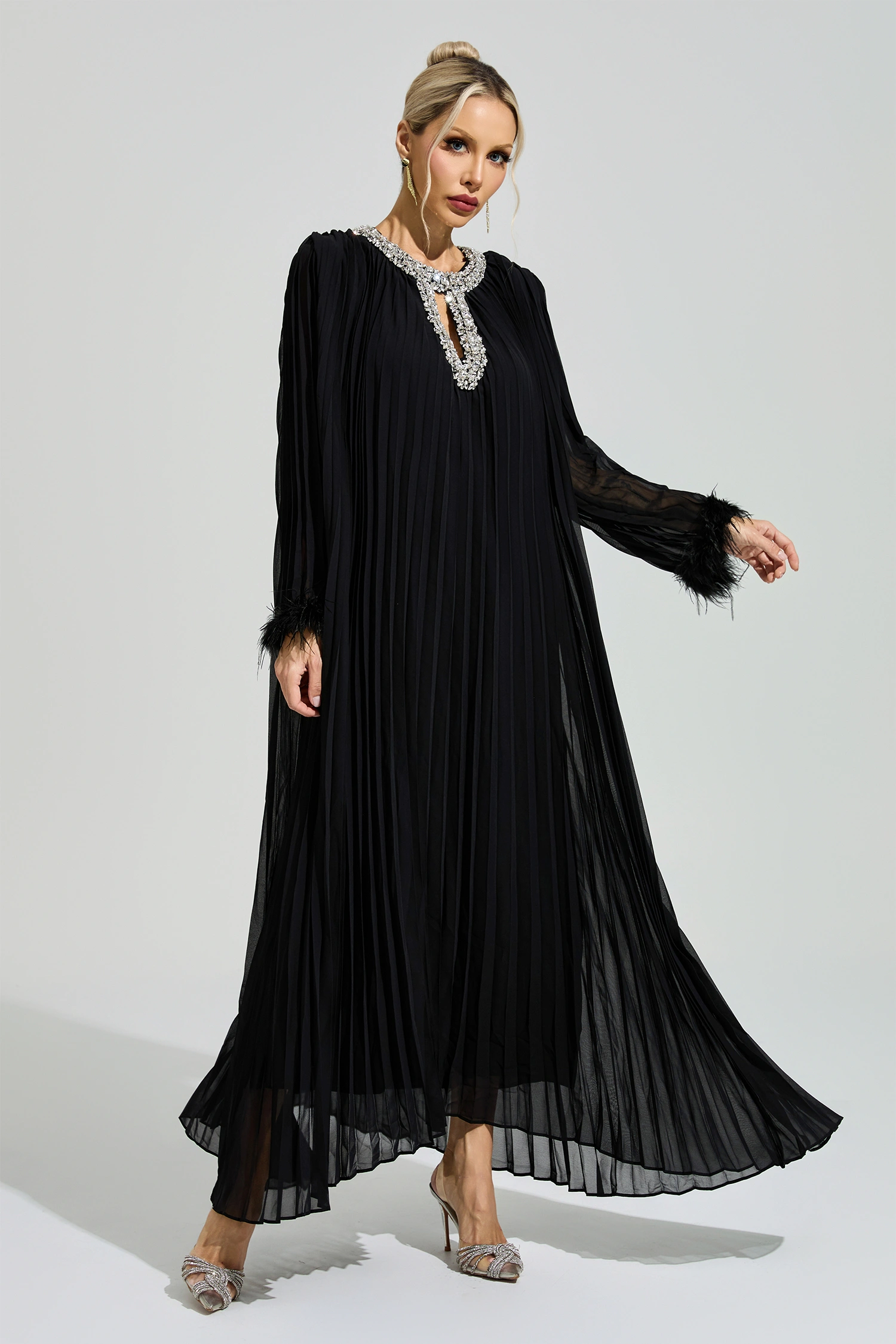 Jocasta Black Feather Maxi Dress