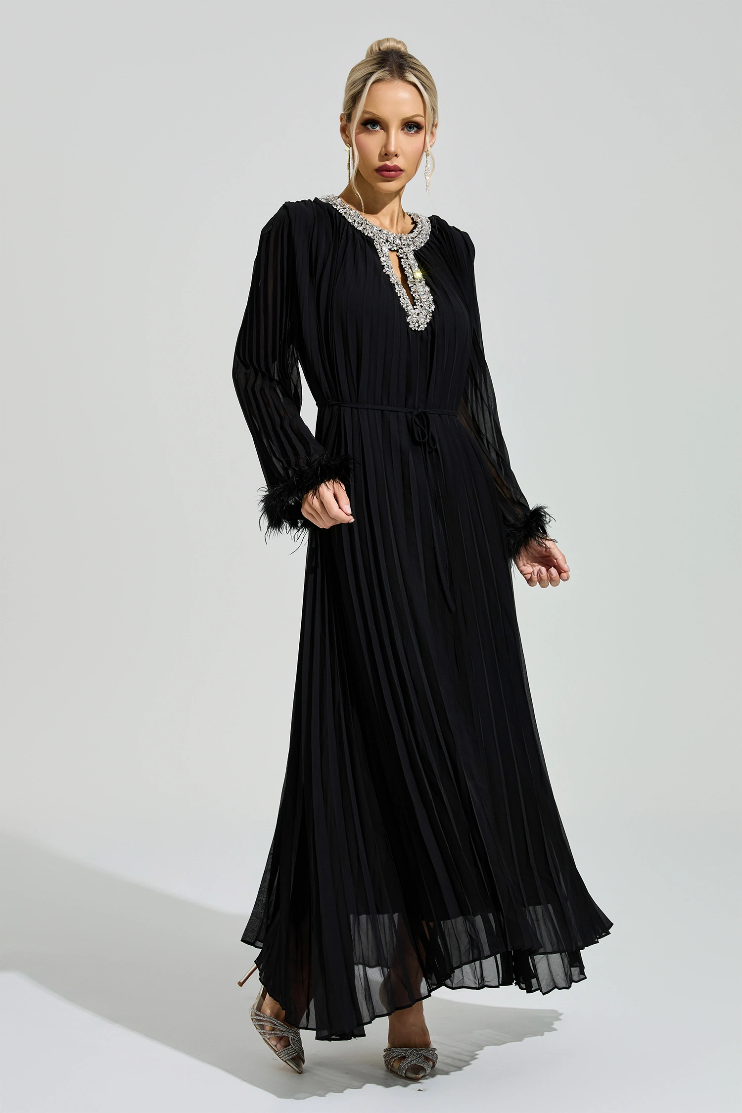 Jocasta Black Feather Maxi Dress