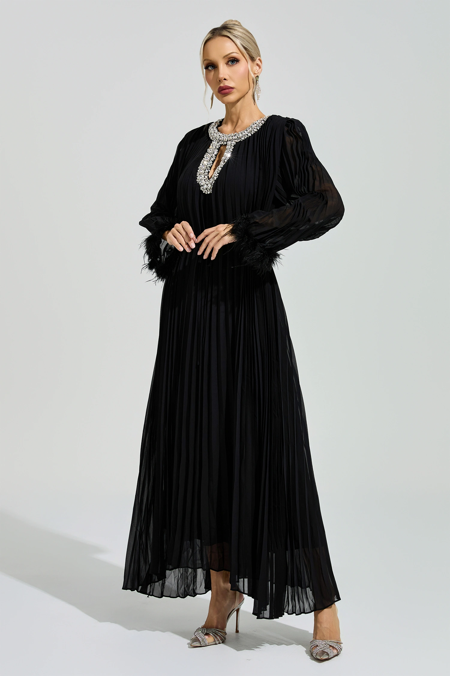Jocasta Black Feather Maxi Dress