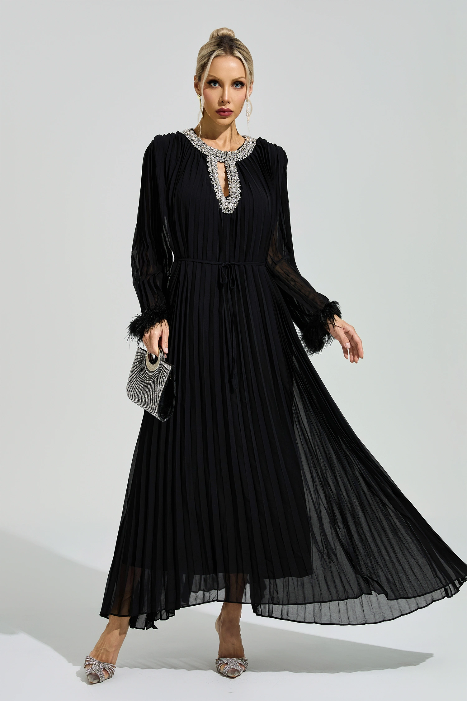 Jocasta Black Feather Maxi Dress