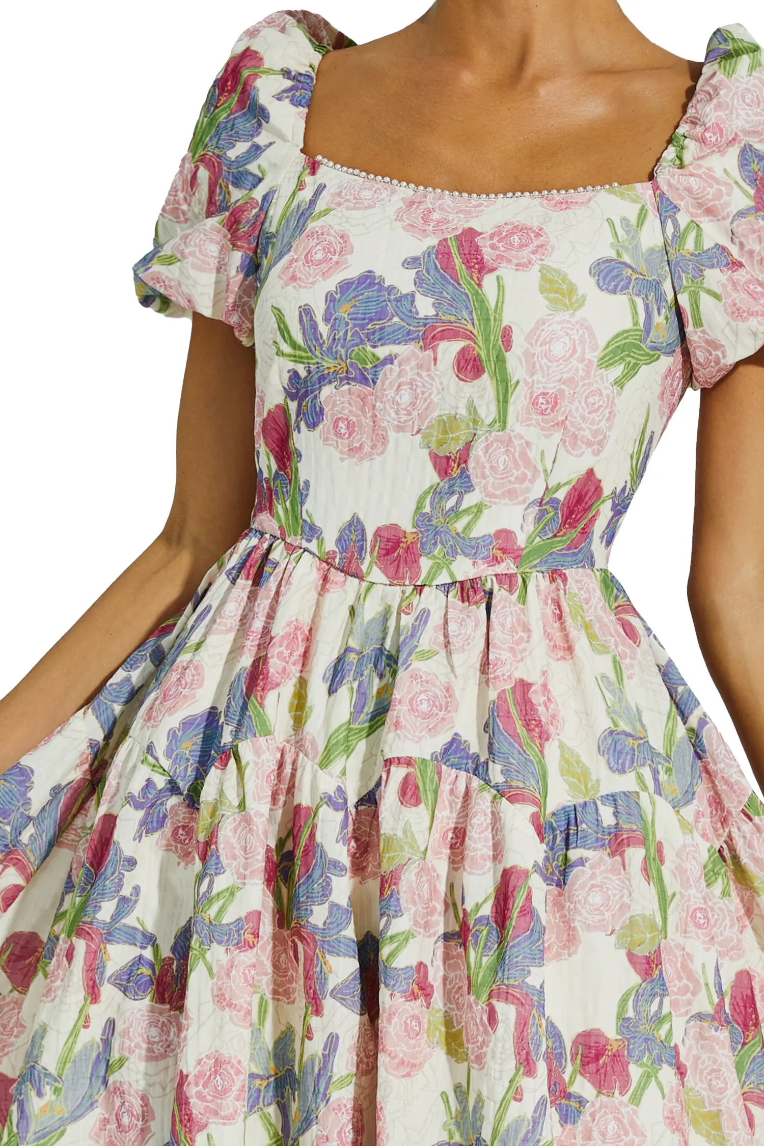 Dinah Pink Flower Puff Sleeves Midi Dress-CATCHALL