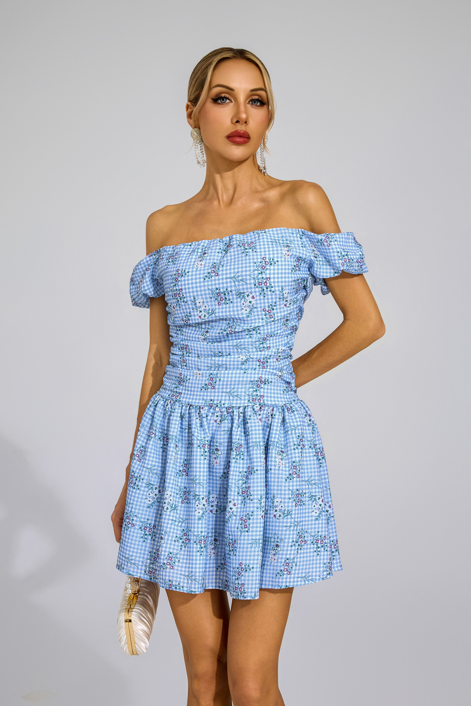 Bethune Blue Floral Off Shoulder Mini Dress