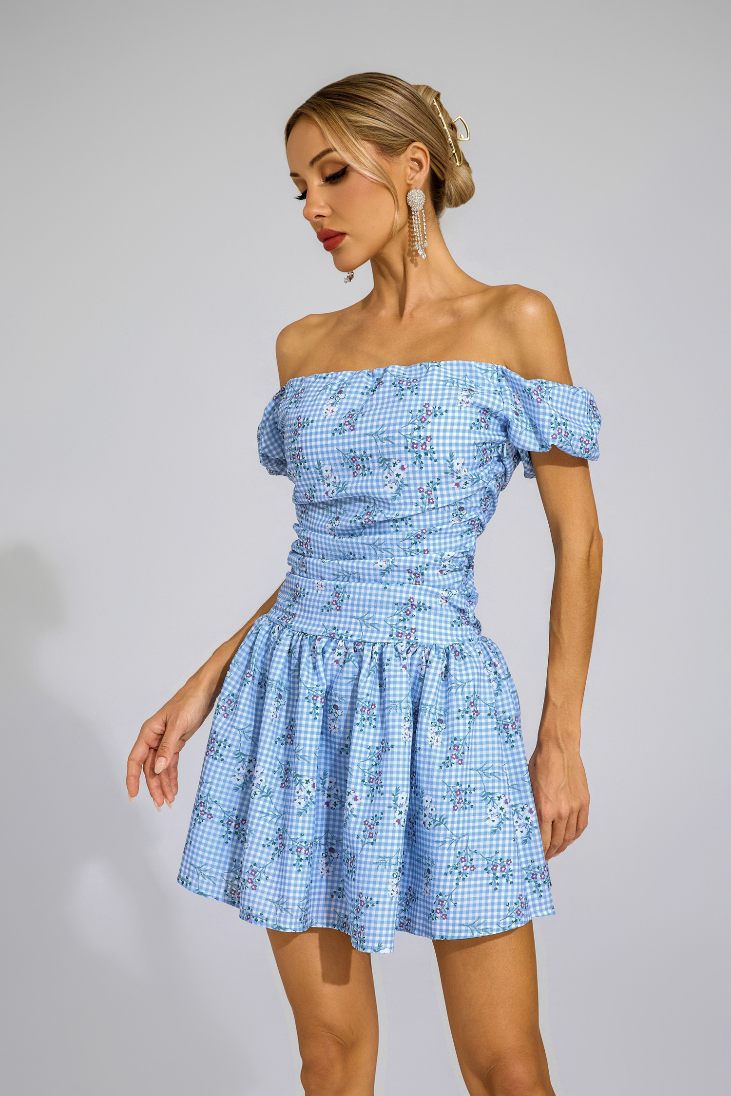 Bethune Blue Floral Off Shoulder Mini Dress