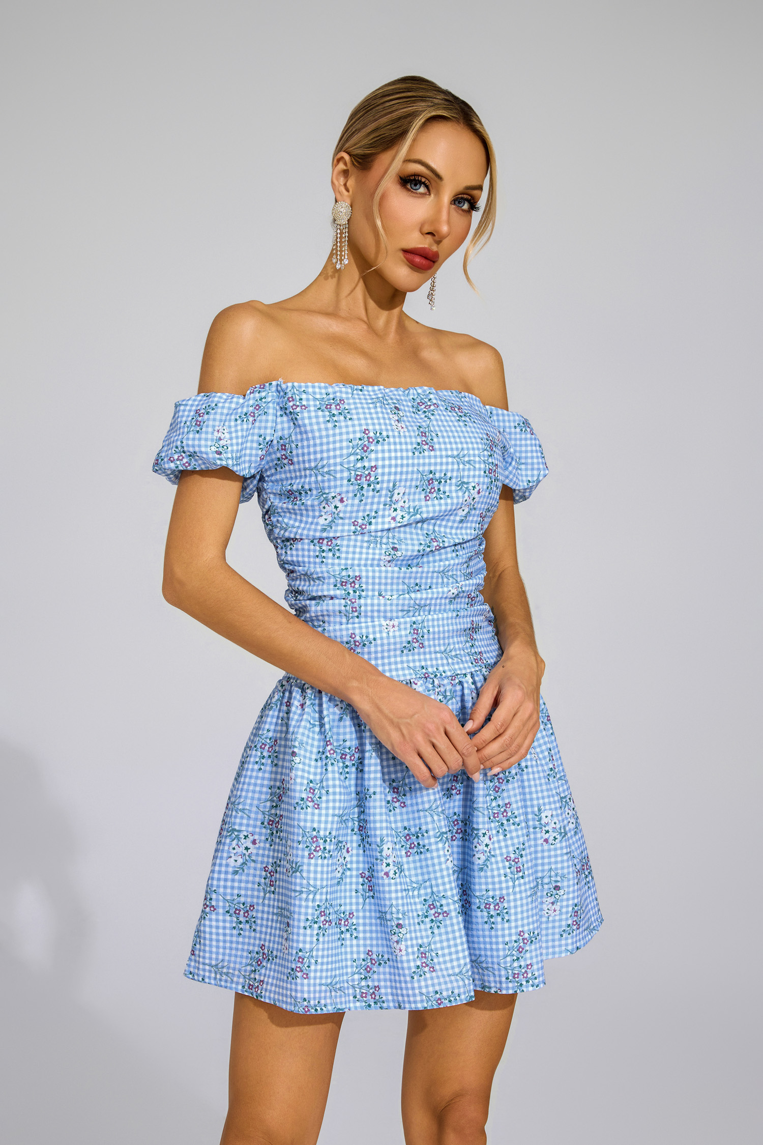 Bethune Blue Floral Off Shoulder Mini Dress