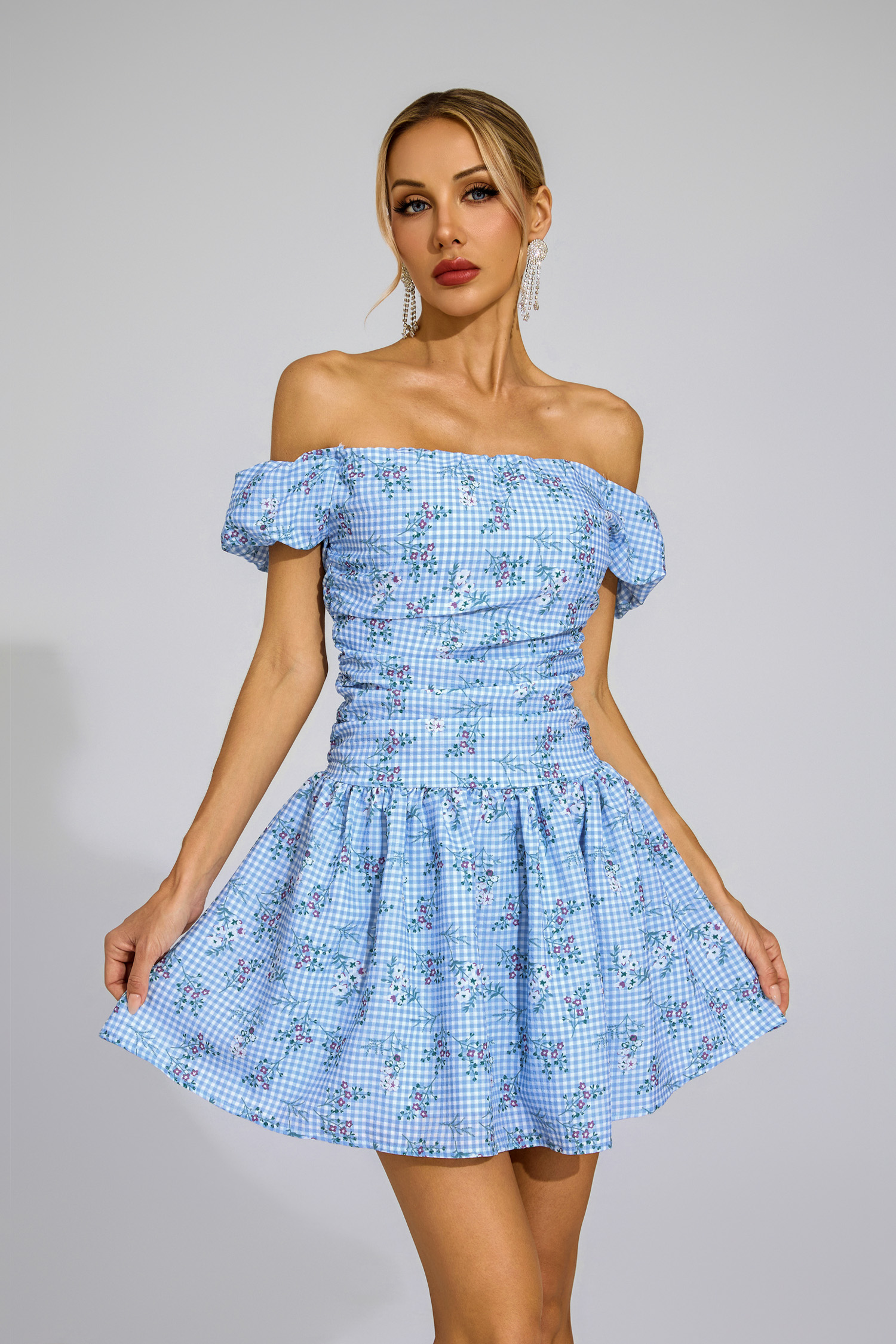 Bethune Blue Floral Off Shoulder Mini Dress