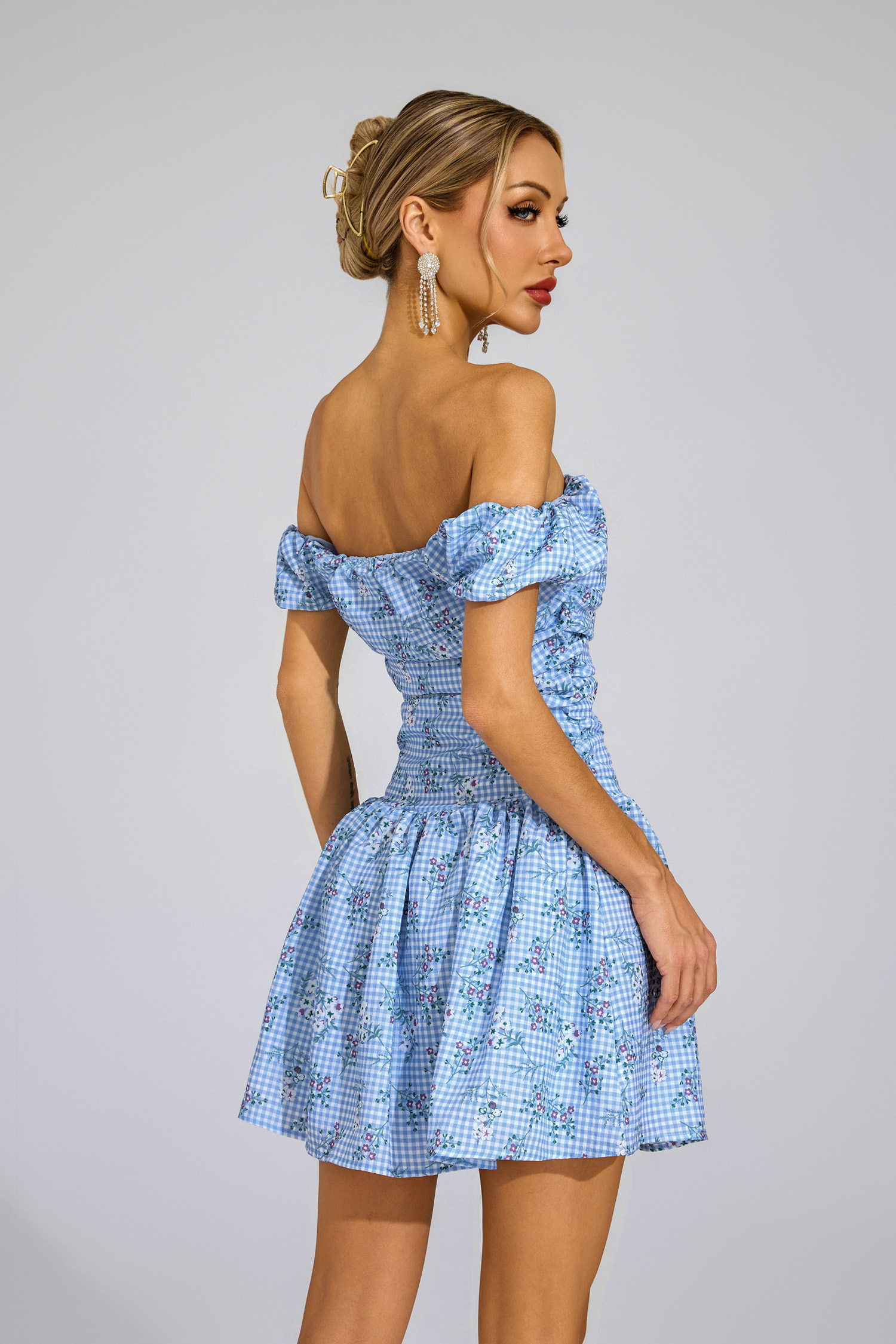 Bethune Blue Floral Off Shoulder Mini Dress