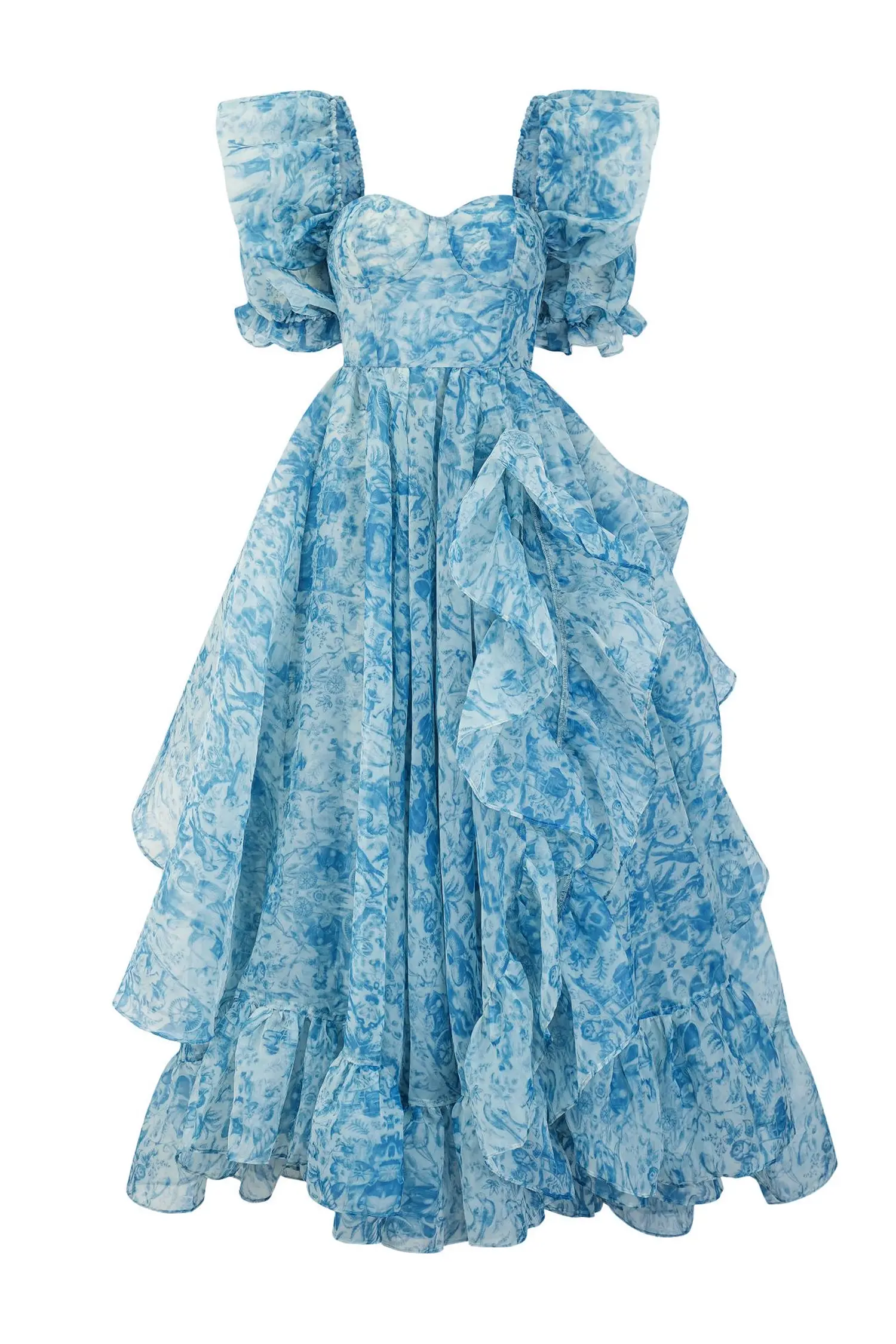 Neil Blue Slit Puff Sleeves Maxi Dress-CATCHALL