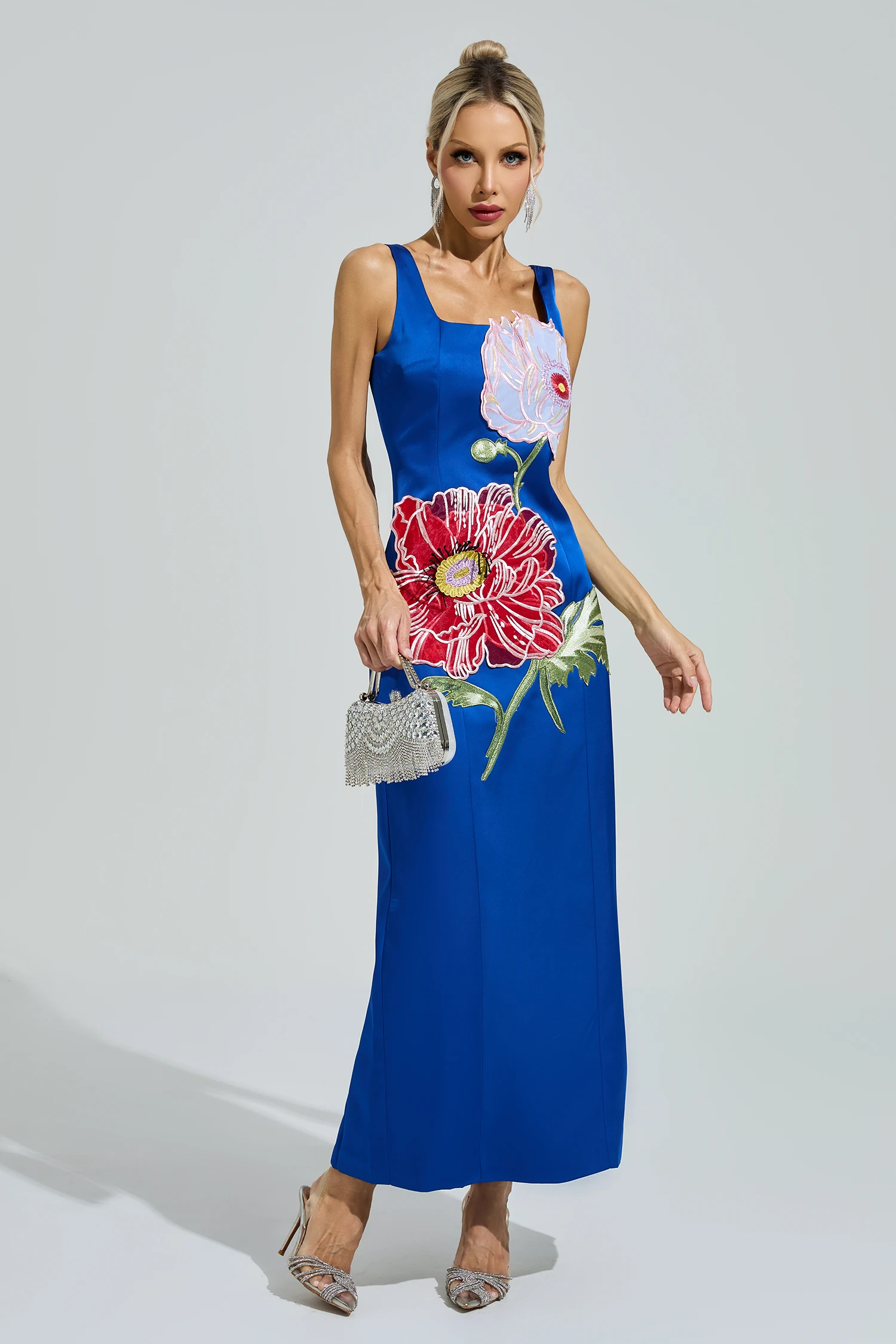 Agamben Blue Floral Embroidered Maxi Dress