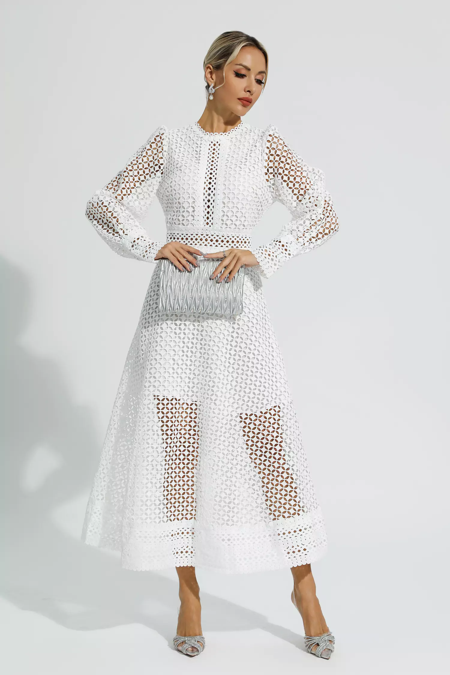 Monroe White Hollow Long Sleeve Maxi Dress-CATCHALL