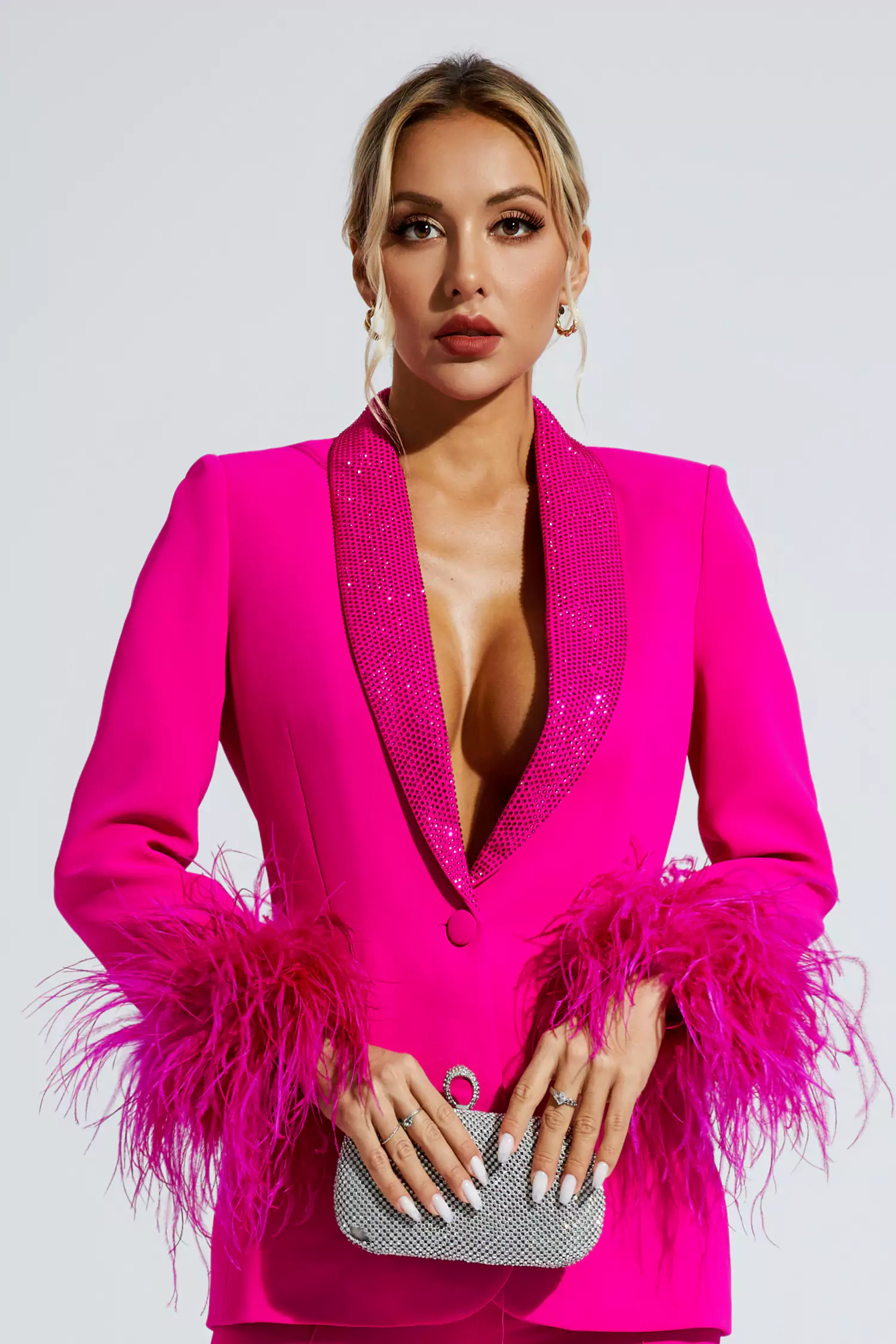 Angel Pink Feather Trim Diamond Blazer Set-CATCHALL