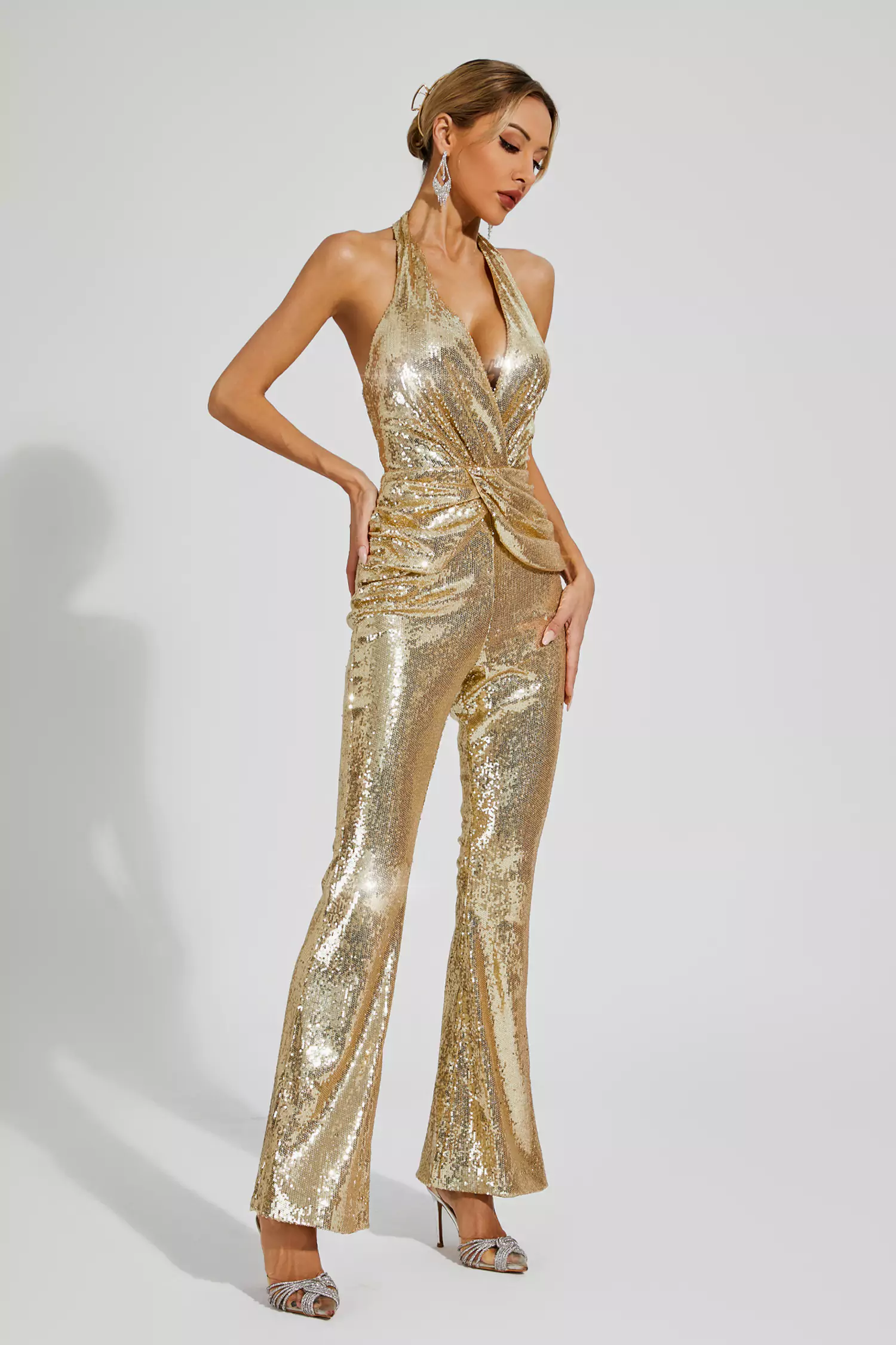 Kelly Gold Sequins Halter Jumpsuit-CATCHALL