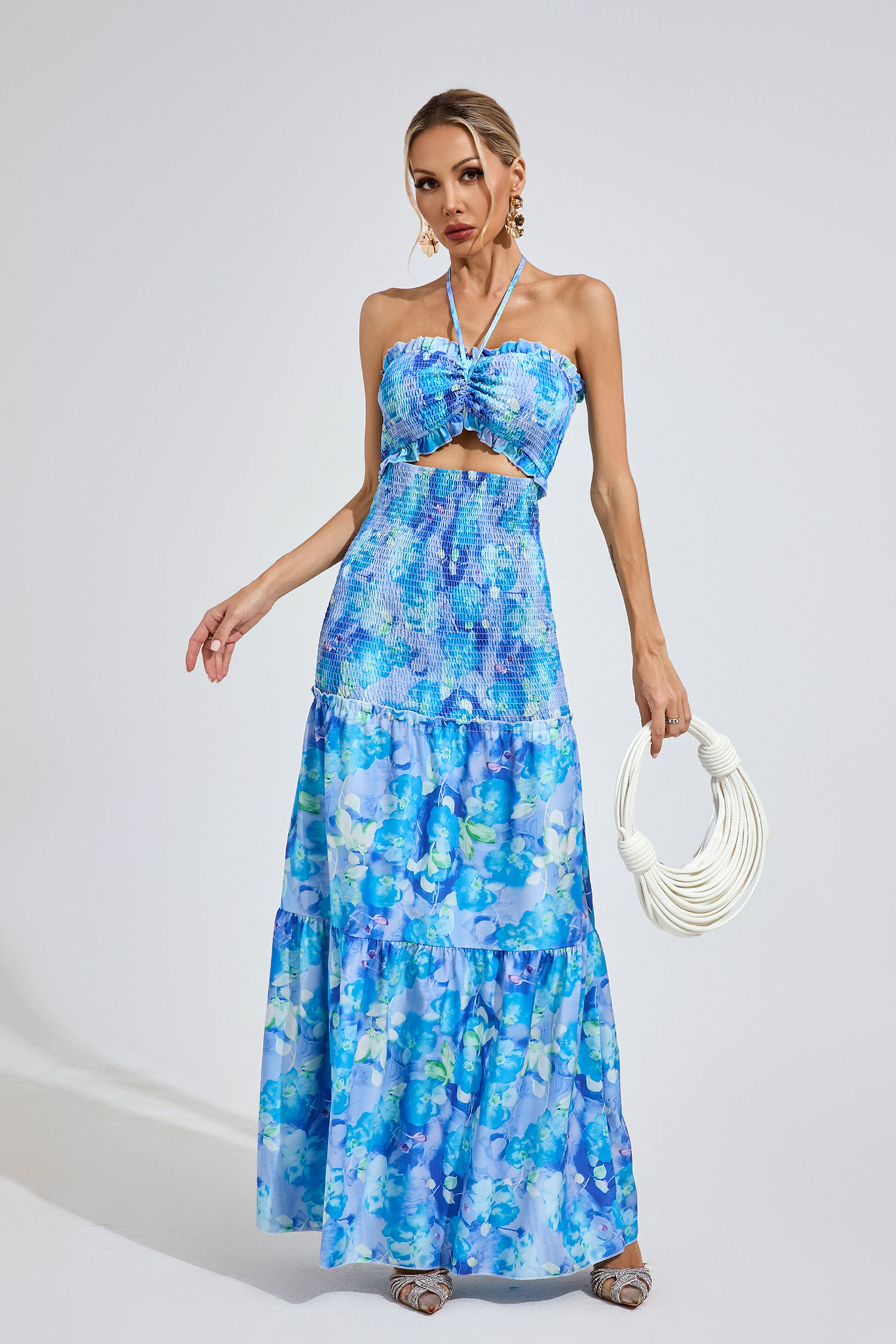 Jenkins Sapphire Blue RUFFLE Halternecck Dress