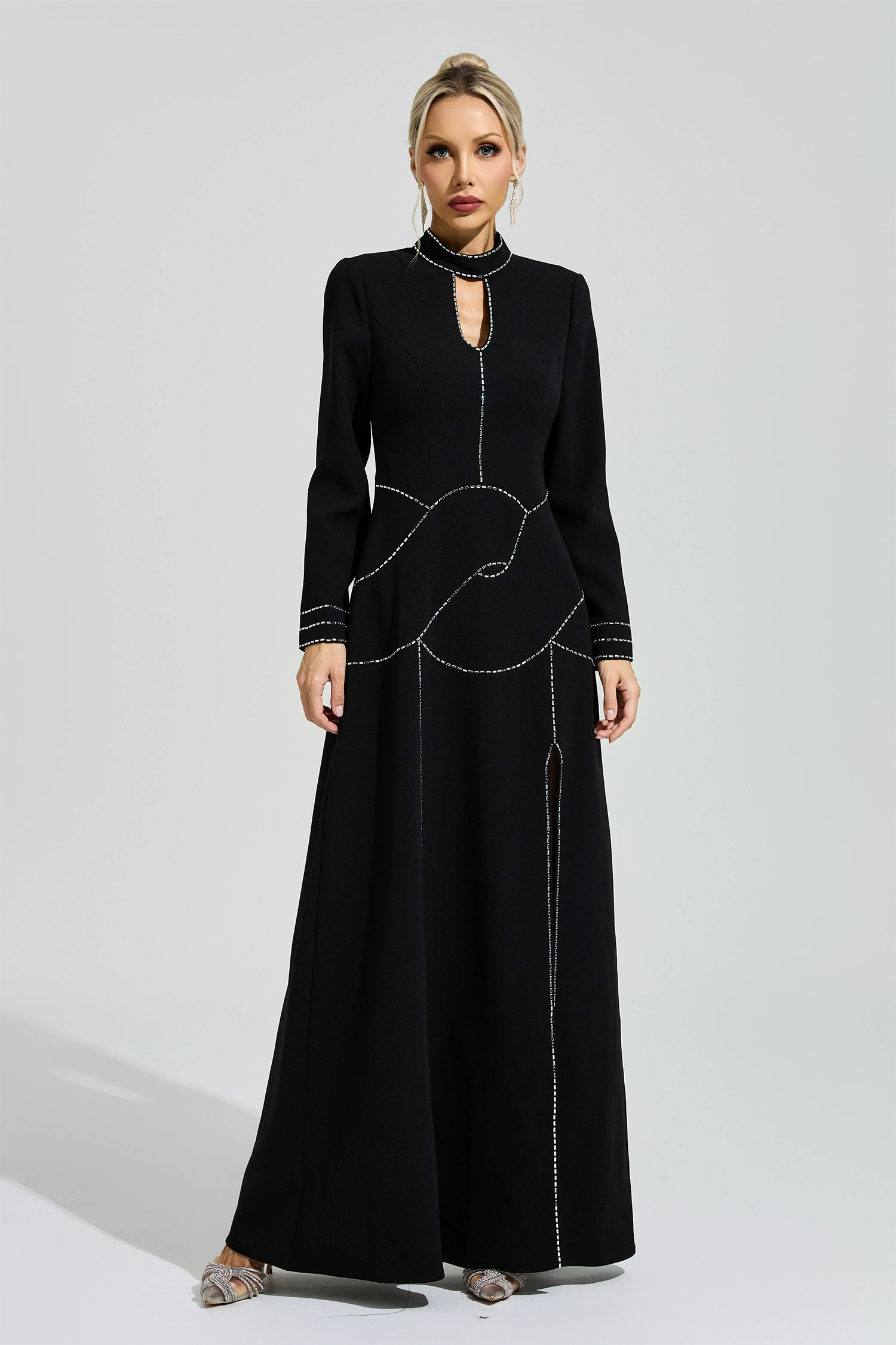 Hesse Black Long Sleeve Halter Evening Dress