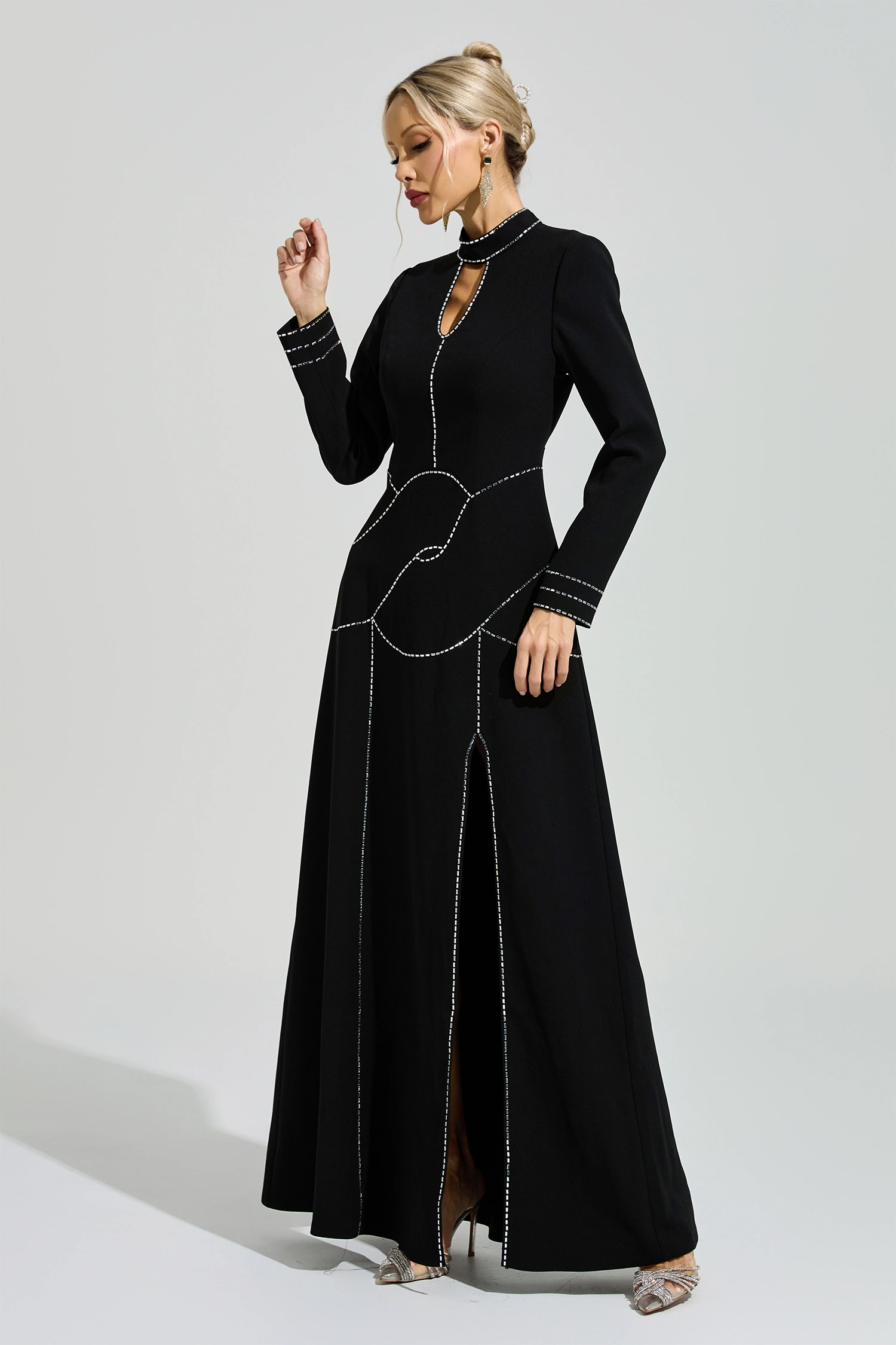 Hesse Black Long Sleeve Halter Evening Dress