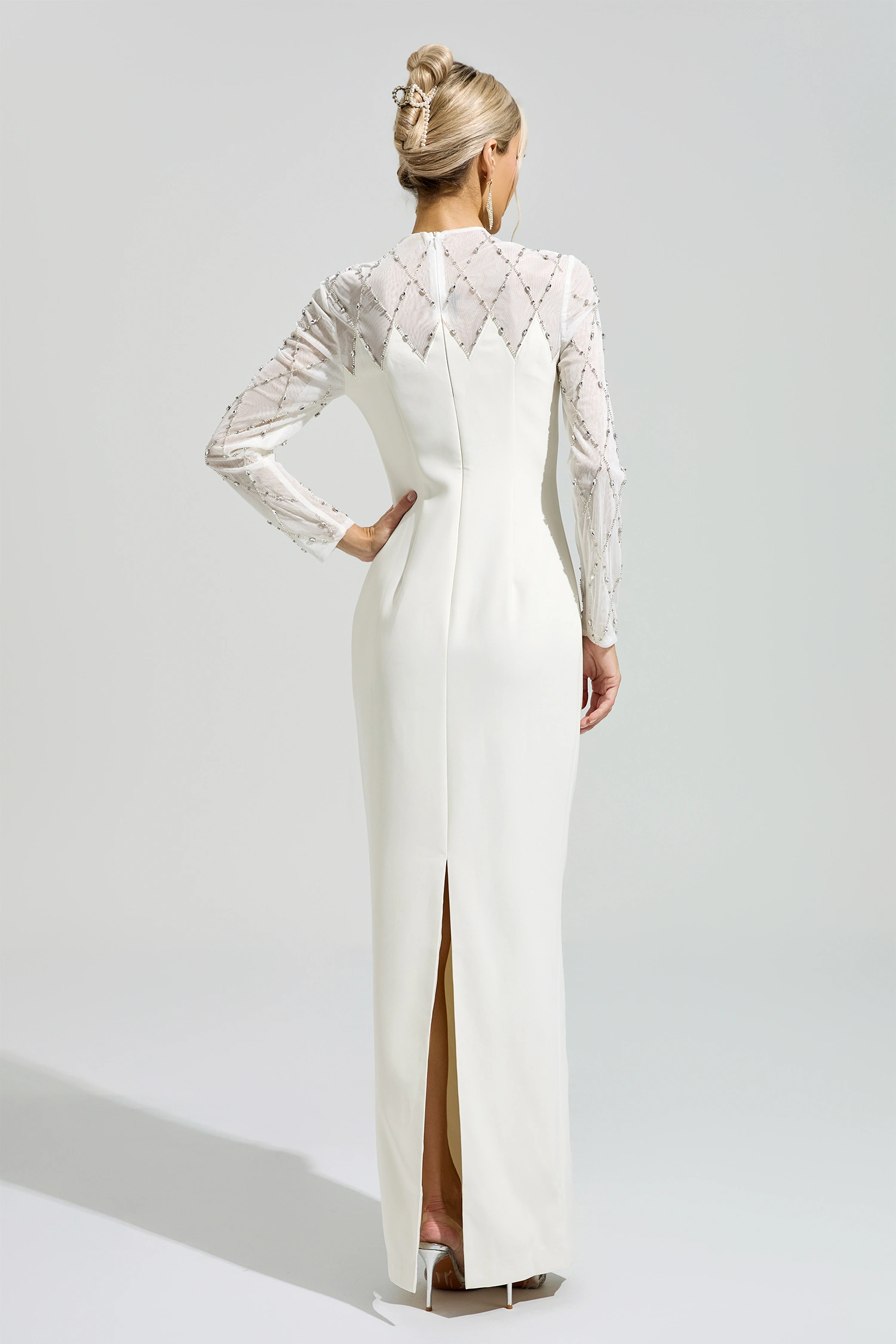 Carson Apricot Rhinestone Mesh Evening Dress