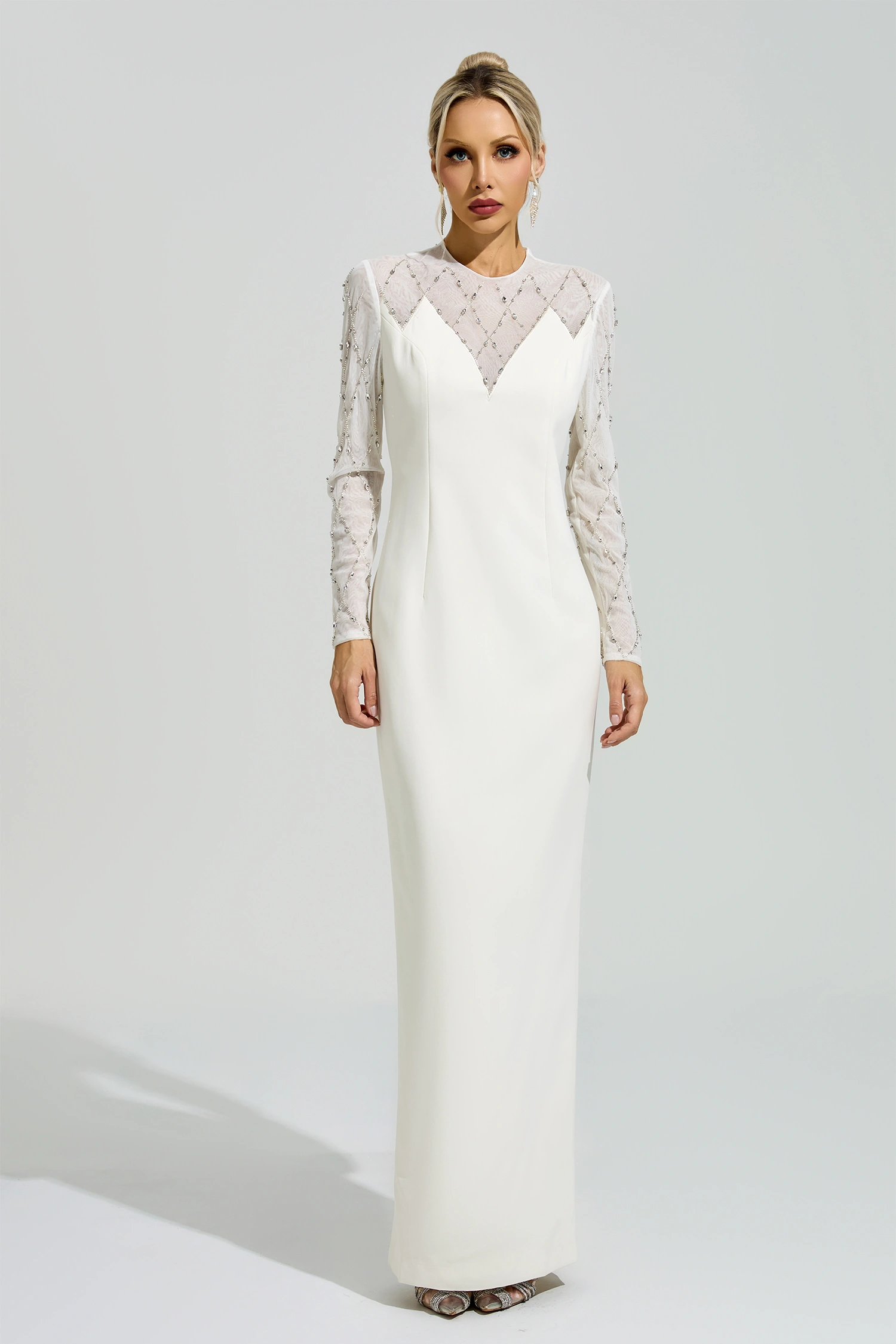 Carson Apricot Rhinestone Mesh Evening Dress