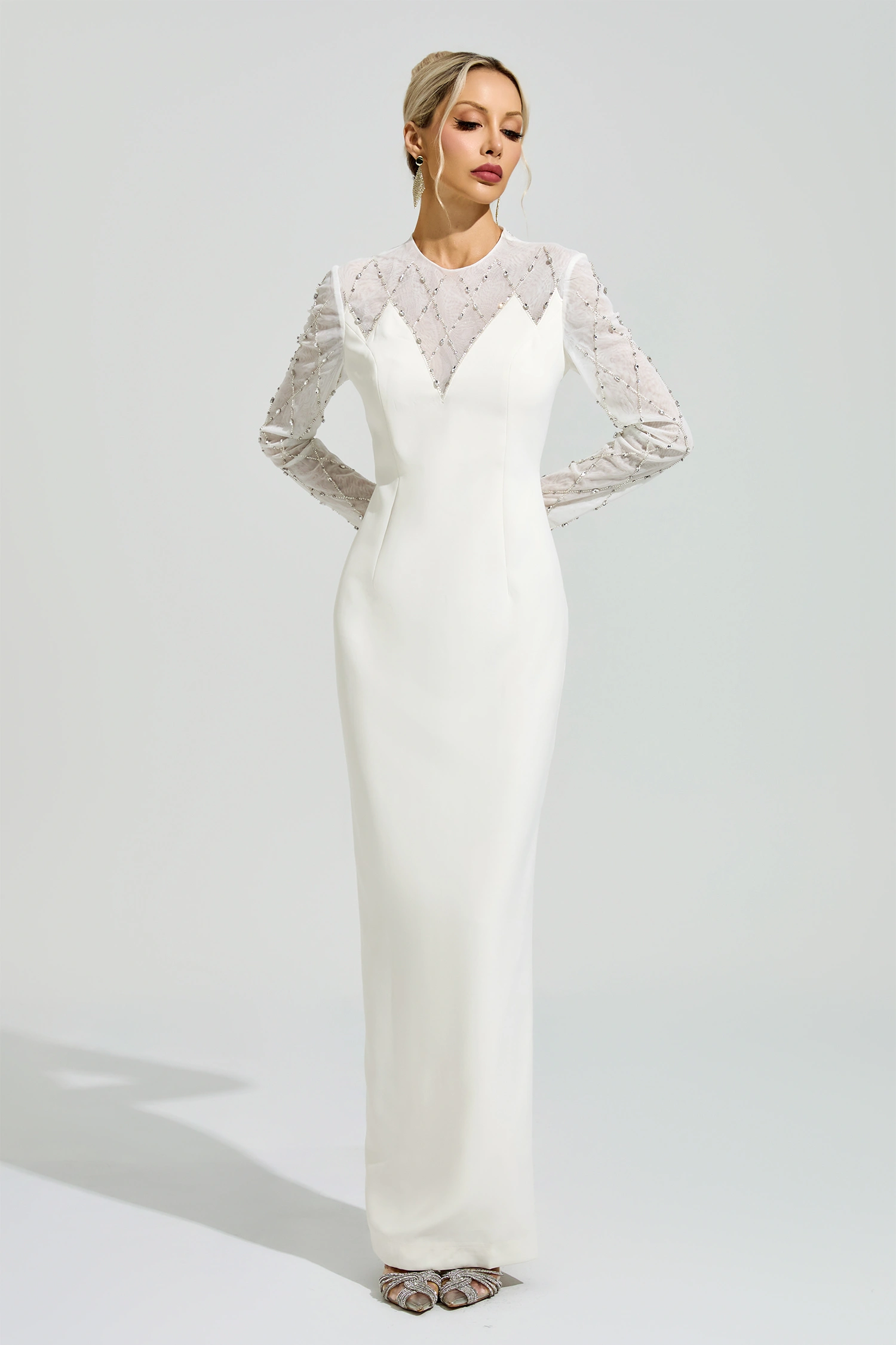 Carson Apricot Rhinestone Mesh Evening Dress