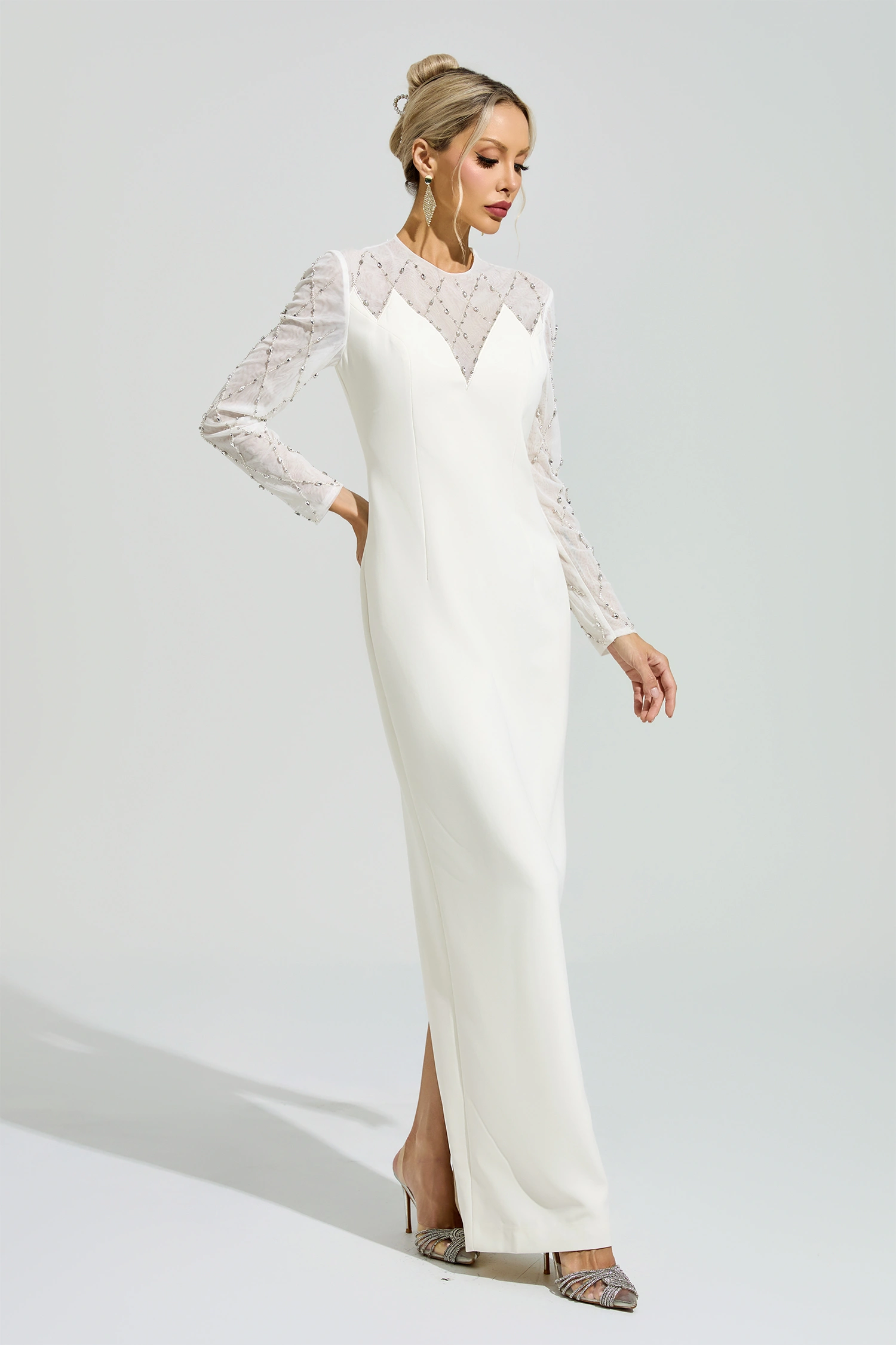 Carson Apricot Rhinestone Mesh Evening Dress