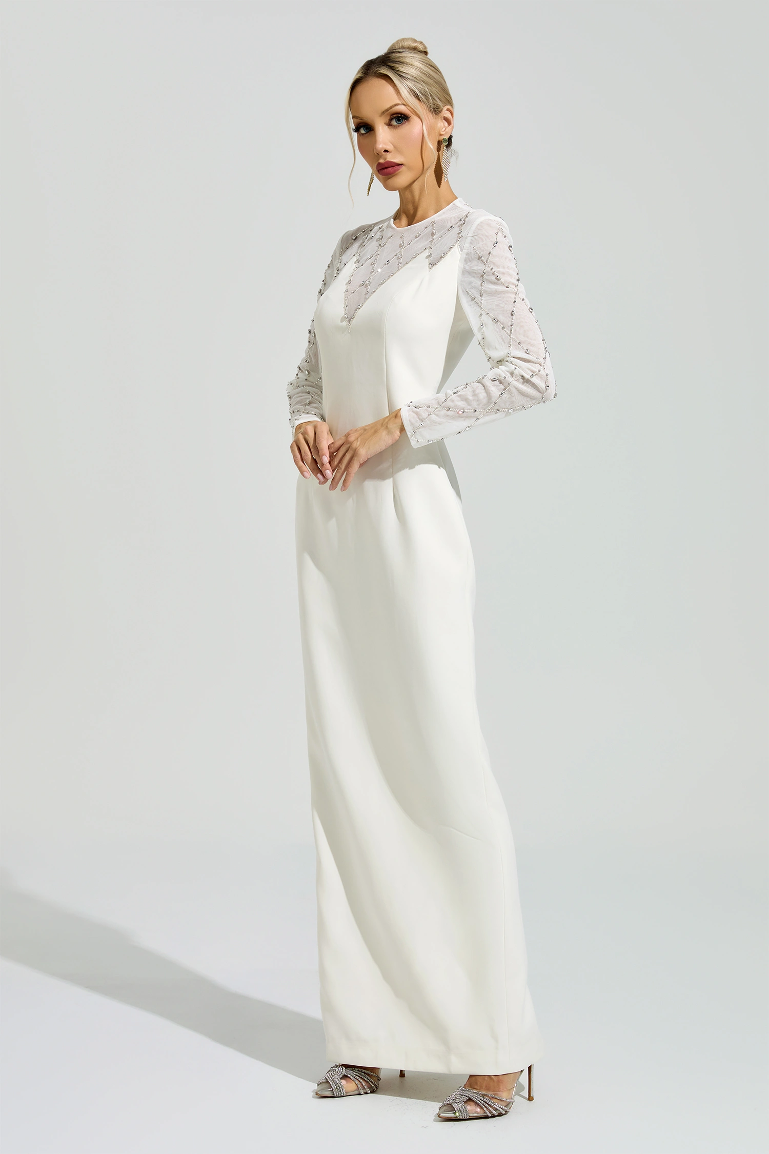Carson Apricot Rhinestone Mesh Evening Dress