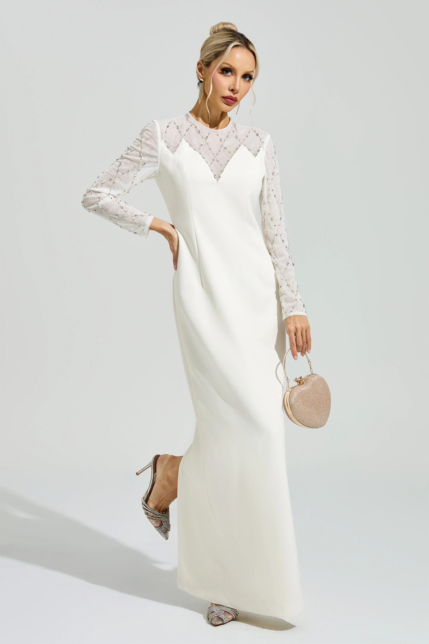 Carson Apricot Rhinestone Mesh Evening Dress