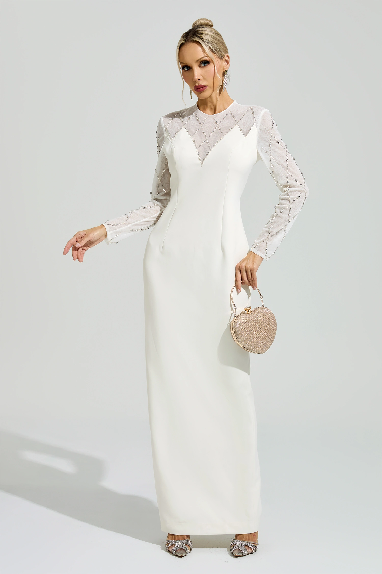 Carson Apricot Rhinestone Mesh Evening Dress