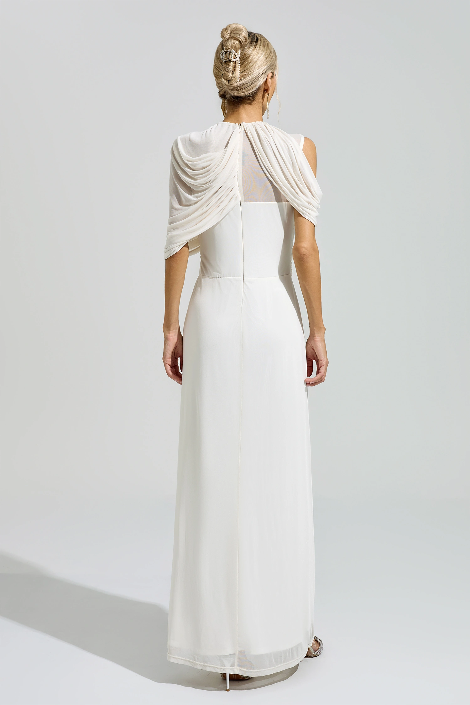 Ono White Tulle Ruched Maxi Dress