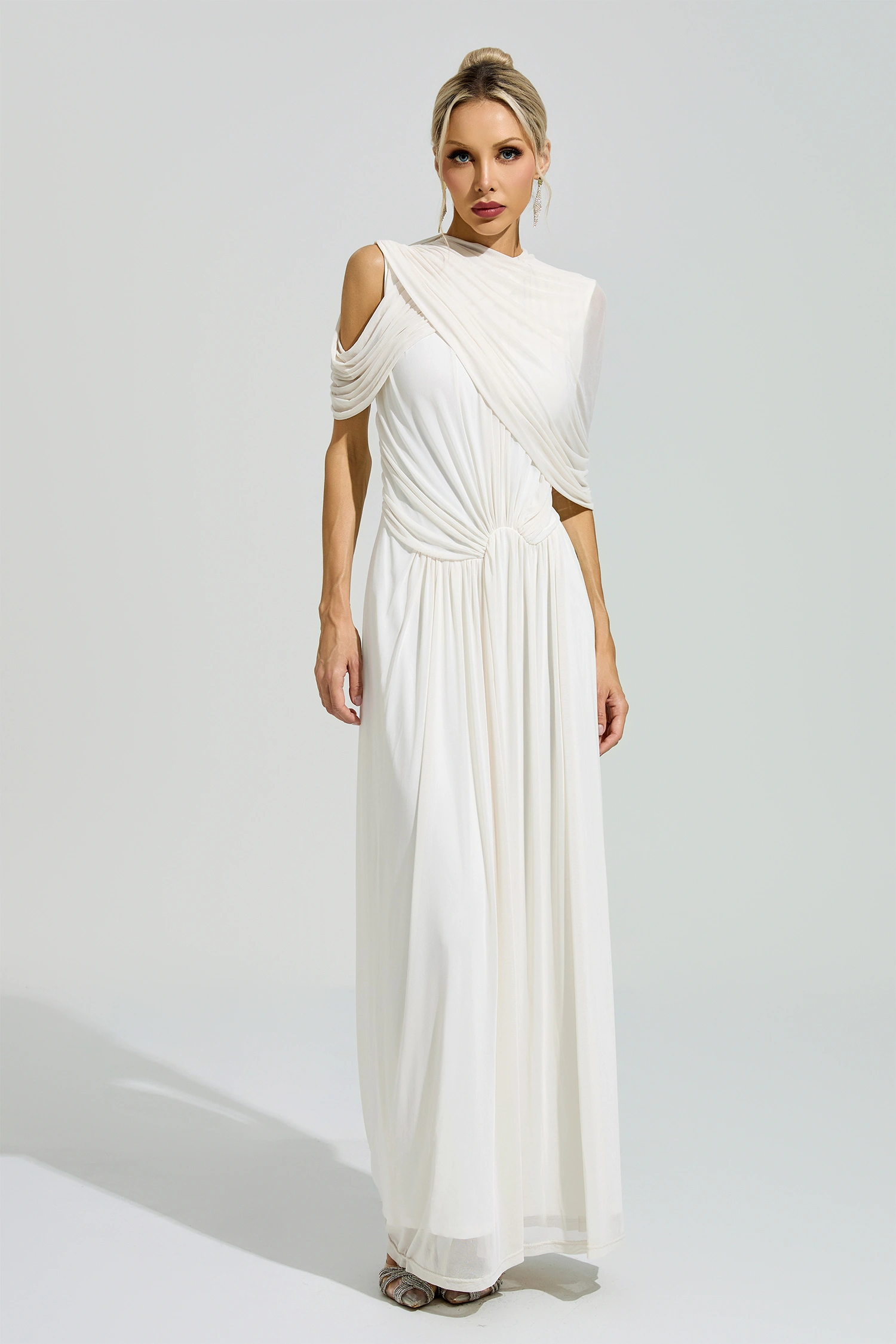 Ono White Tulle Ruched Maxi Dress