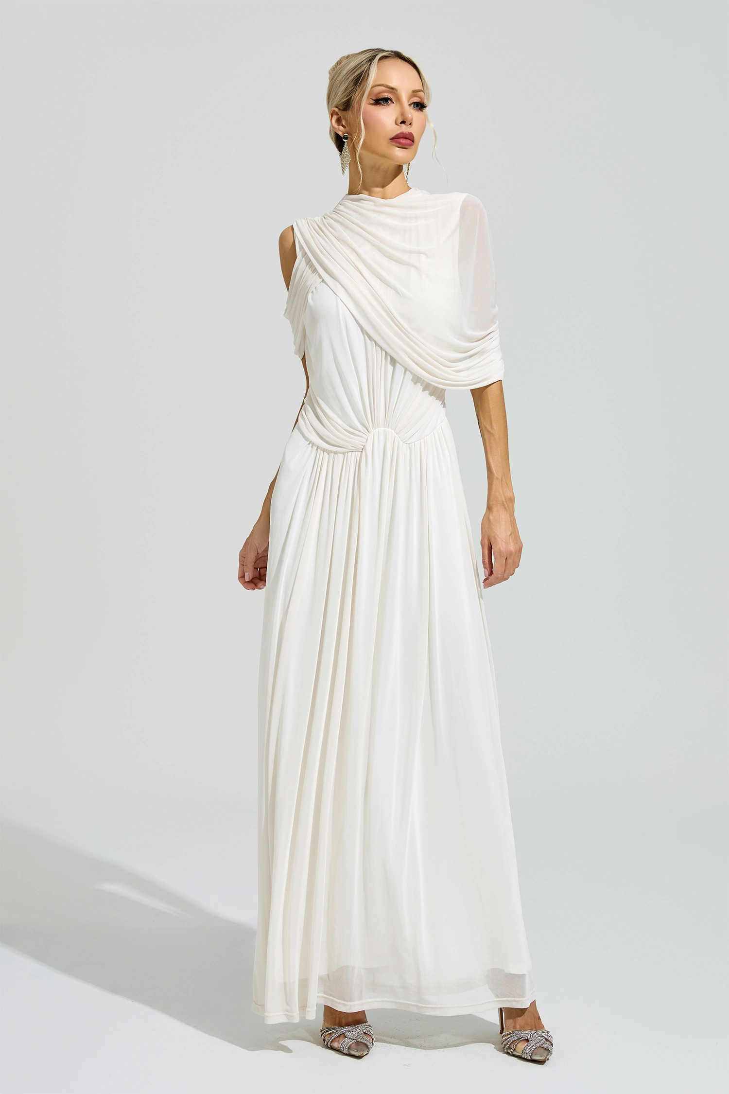 Ono White Tulle Ruched Maxi Dress