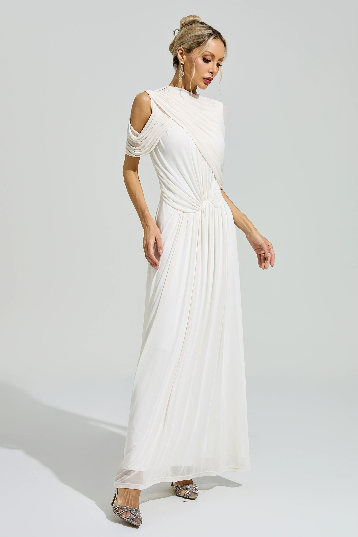 Ono White Tulle Ruched Maxi Dress