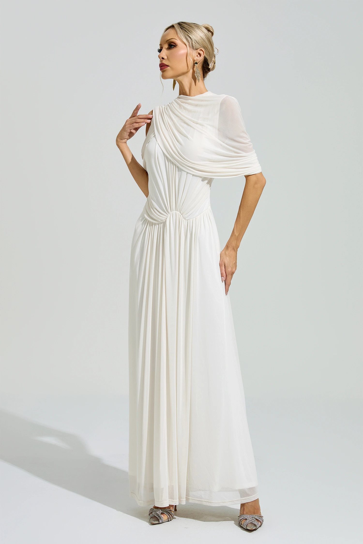 Ono White Tulle Ruched Maxi Dress